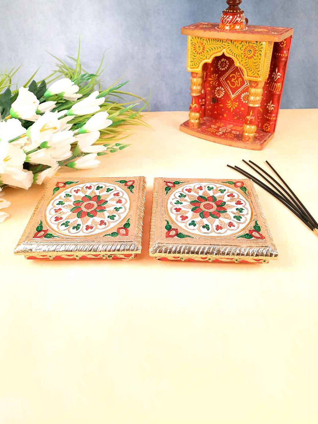 apka mart Gold Toned 2 Pieces Wooden Pooja Chowki Bajot