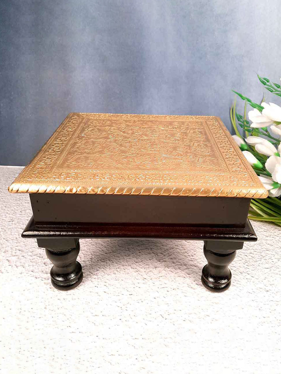 apka mart Beige & Brown Wooden Floral Design Pooja Chowki