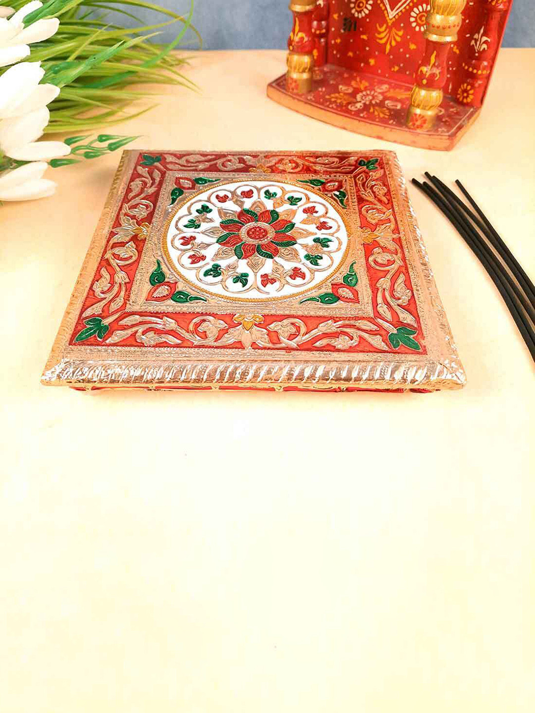 apka mart GoldToned & Red Meenakari Pooja Chowki Bajot