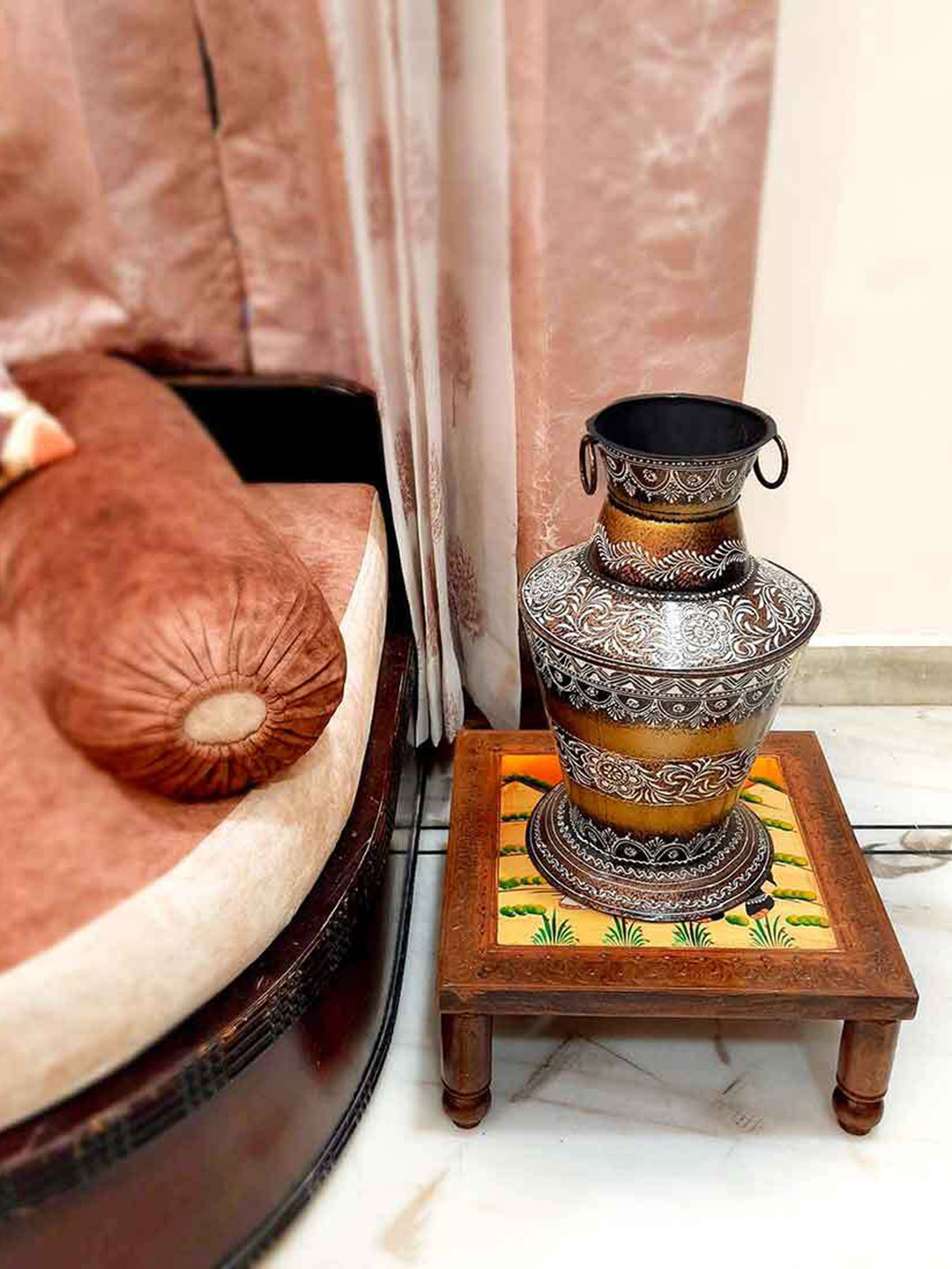apka mart Brown and Yellow 3 Pieces Painted Pooja Square Chowki Bajot