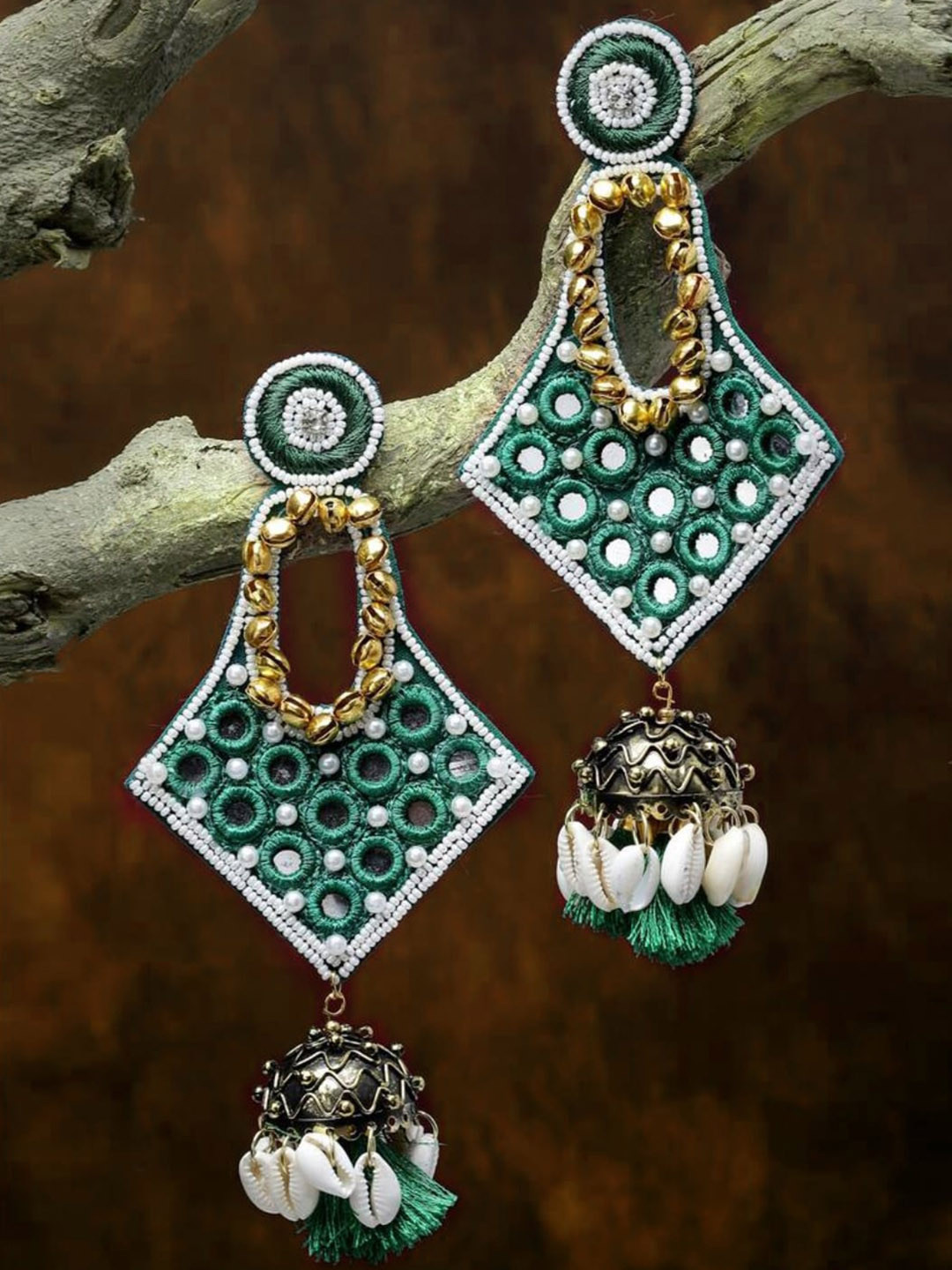 ATIBELLE Gold-Plated Mirror Work Beaded Classic Jhumkas