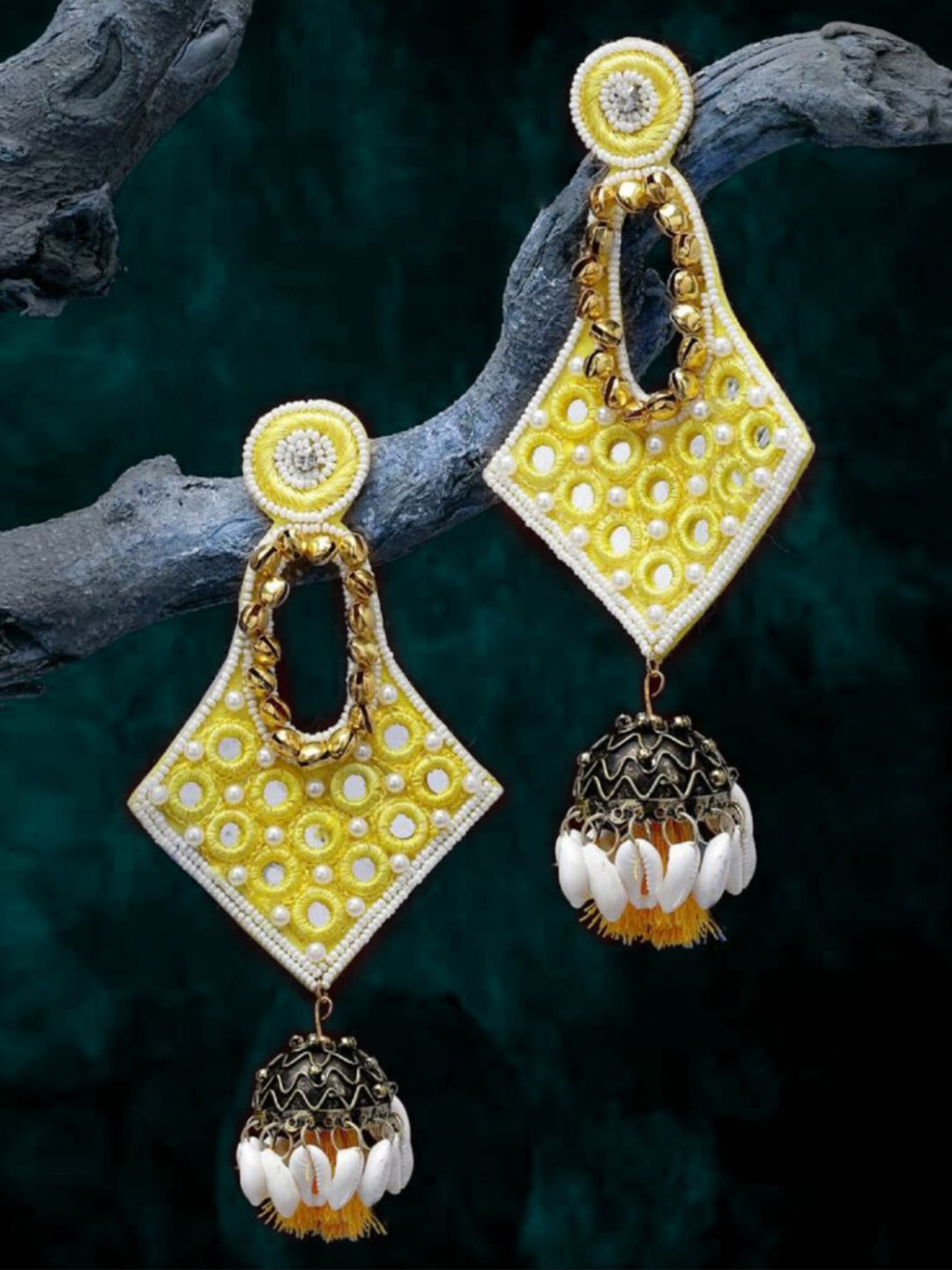 ATIBELLE Gold-Plated Mirror Work Beaded Classic Jhumkas