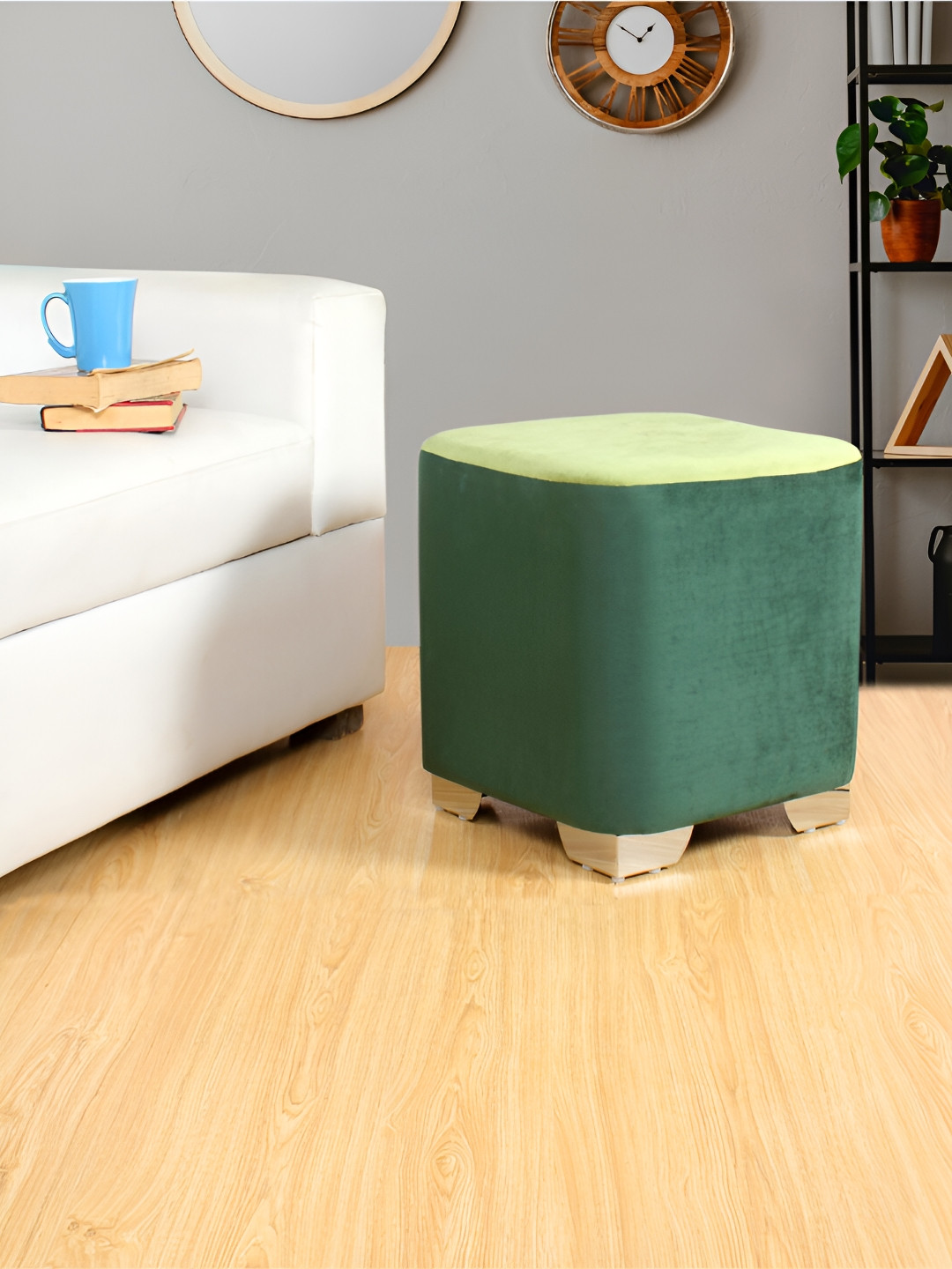 Shadowkart Green Wooden Pouffes Sitting Mudda Square Ottoman