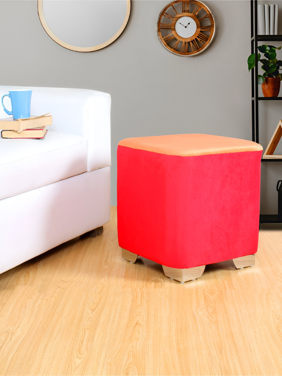 Shadowkart Orange & Peach Colored Wooden Pouffes Sitting Mudda Square Ottoman