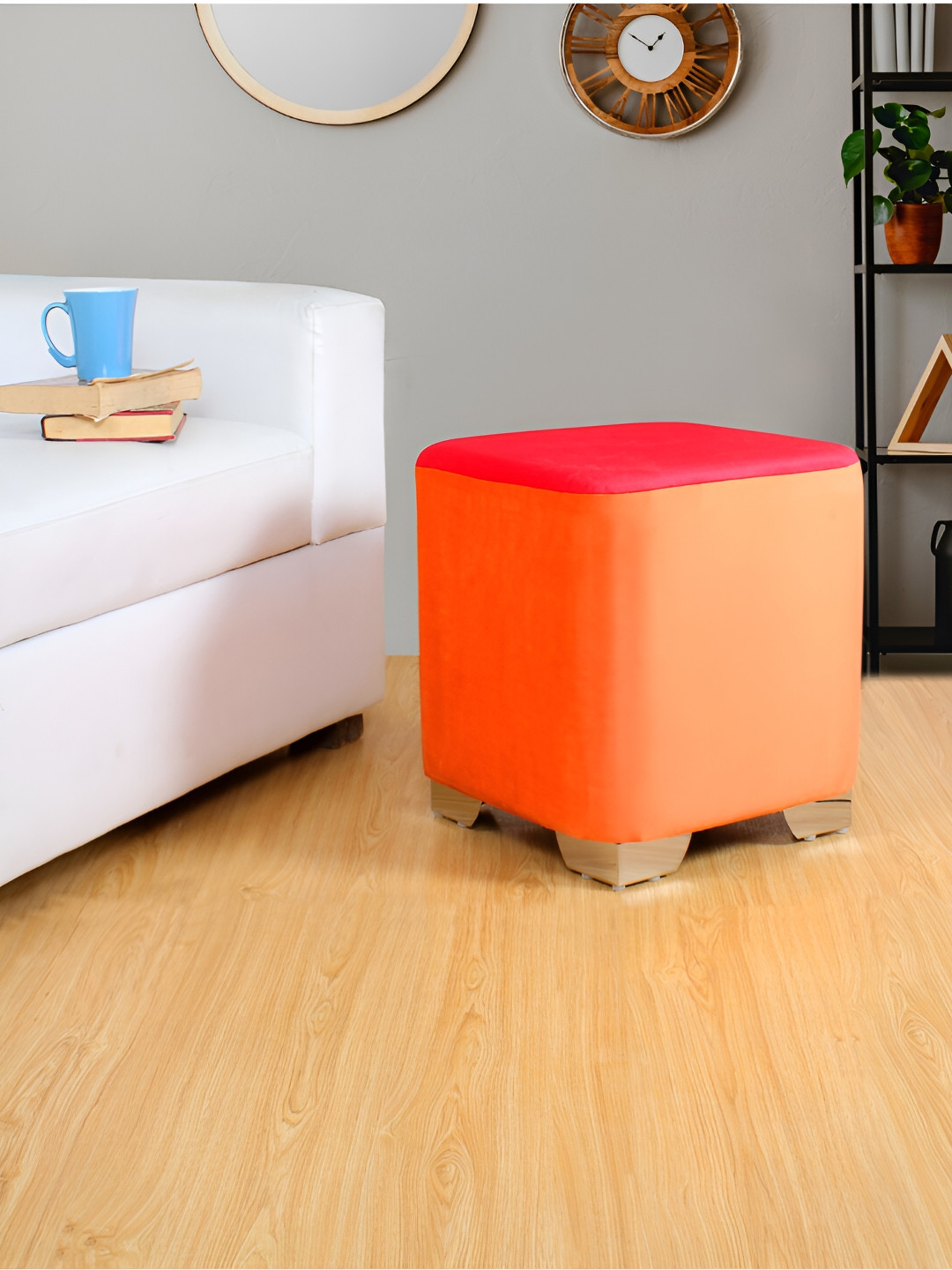Shadowkart Orange & Pink Colored Wooden Pouffes Sitting Mudda Square Ottoman
