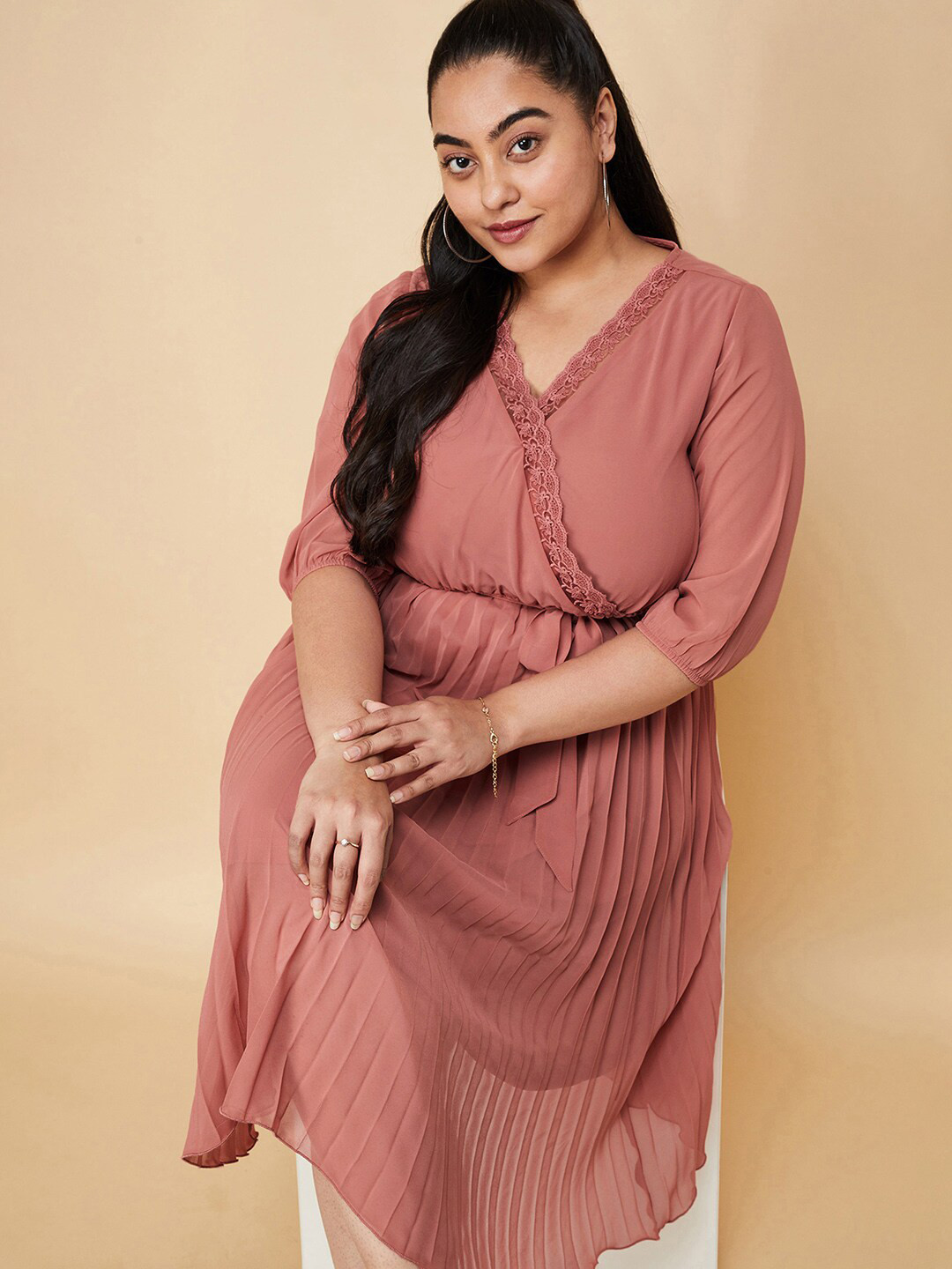 max Plus Size V-Neck Cuffed Sleeves Tie-Ups Detail Wrap Dress