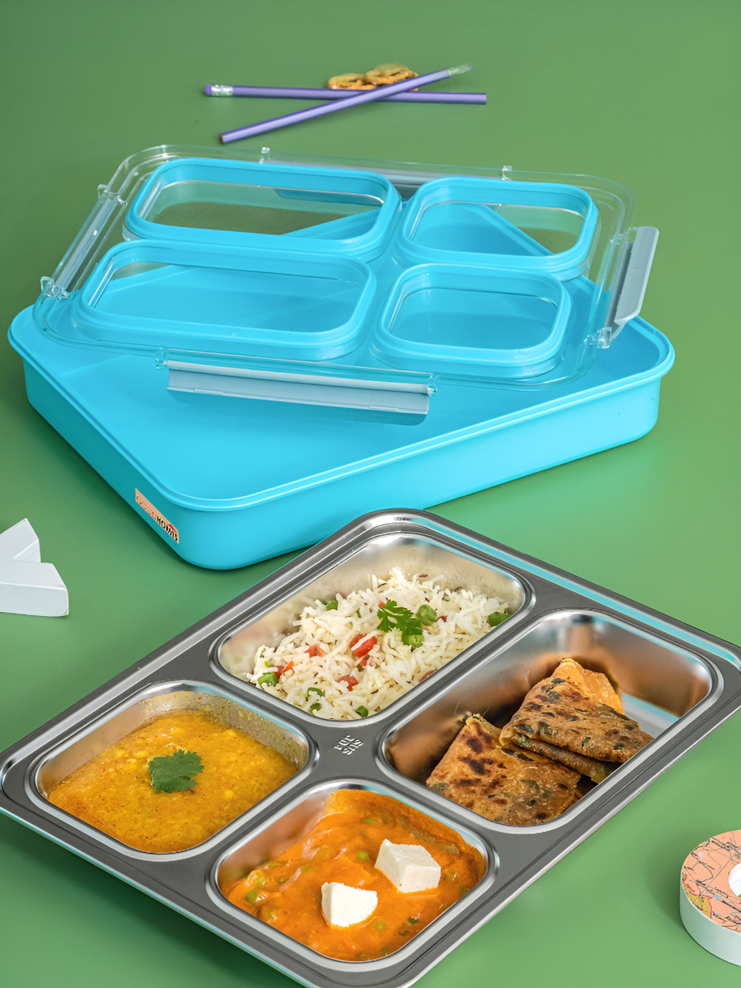 GOODHOMES Blue & Stainless Steel Leak Proof Lunch Box 1.1 L