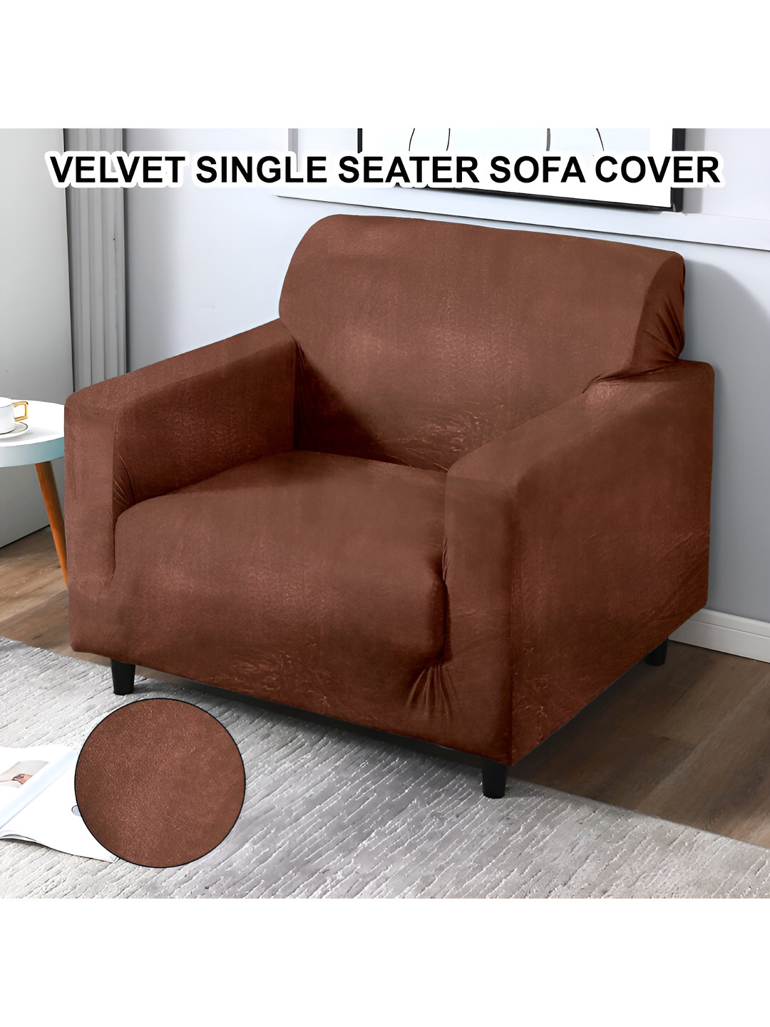 Cortina Brown Velvet Stretchable One Seater Sofa Cover With Arms