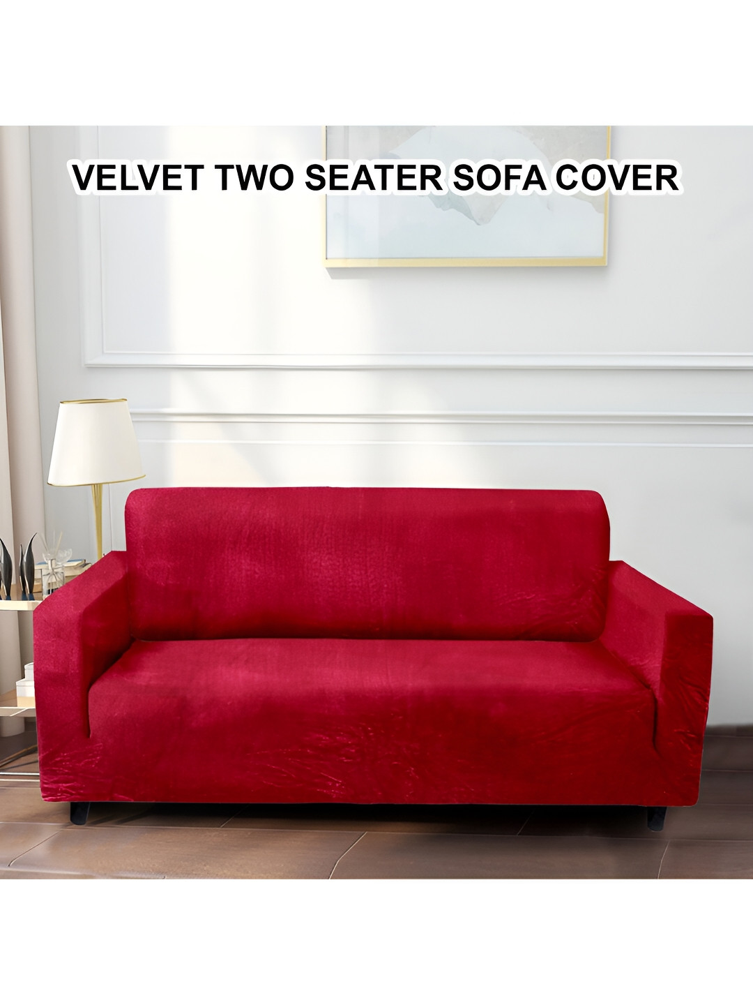 Cortina Red Velvet Stretchable Double Seater Sofa Cover With Arms