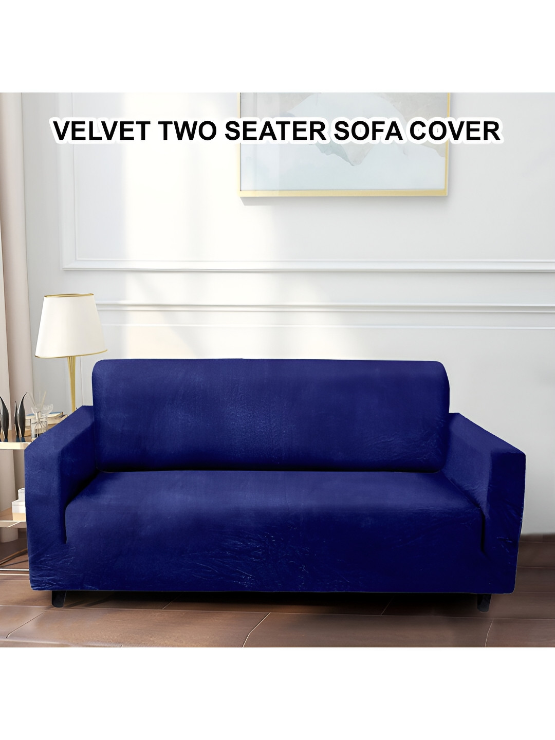 Cortina Navy Blue Velvet Stretchable Double Seater Sofa Cover With Arms