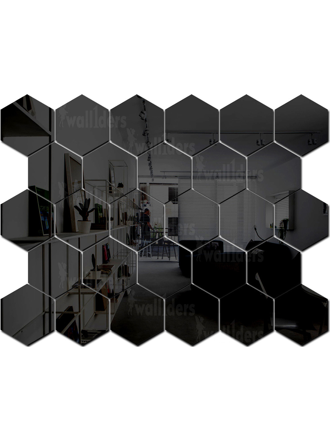 Wall1ders Black 28 Pieces Hexagon-Shaped 3D Acrylic Mirror Wall Stickers