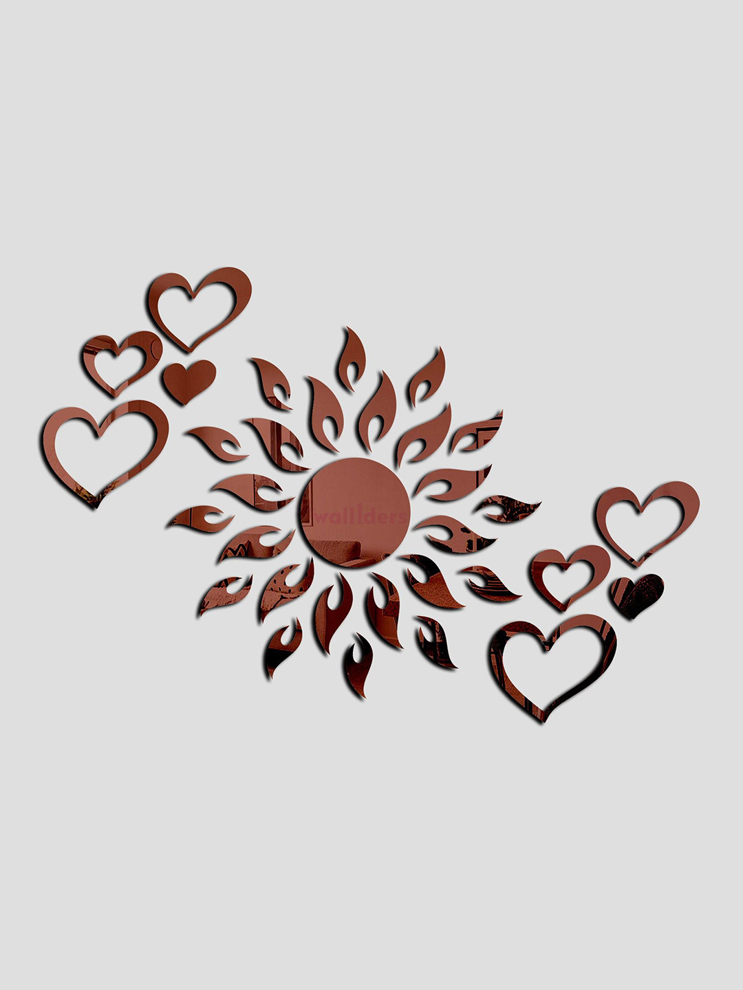 Wall1ders Brown Sun with Heart Shaped 3D Acrylic Mirror Wall Stickers
