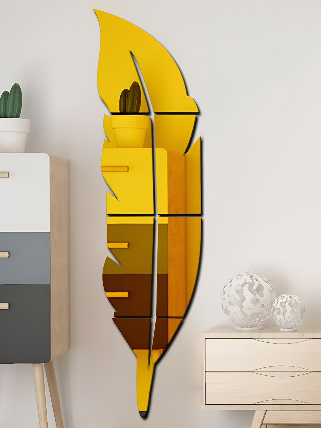 Wall1ders Gold Toned Plume Feather 3D Acrylic Mirror Wall Sticker