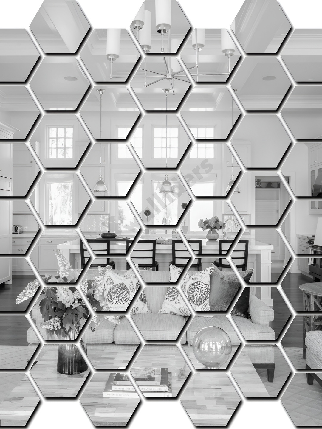Wall1ders Silver Toned 60 Pieces Hexagon-Shaped 3D Acrylic Mirror Wall Stickers