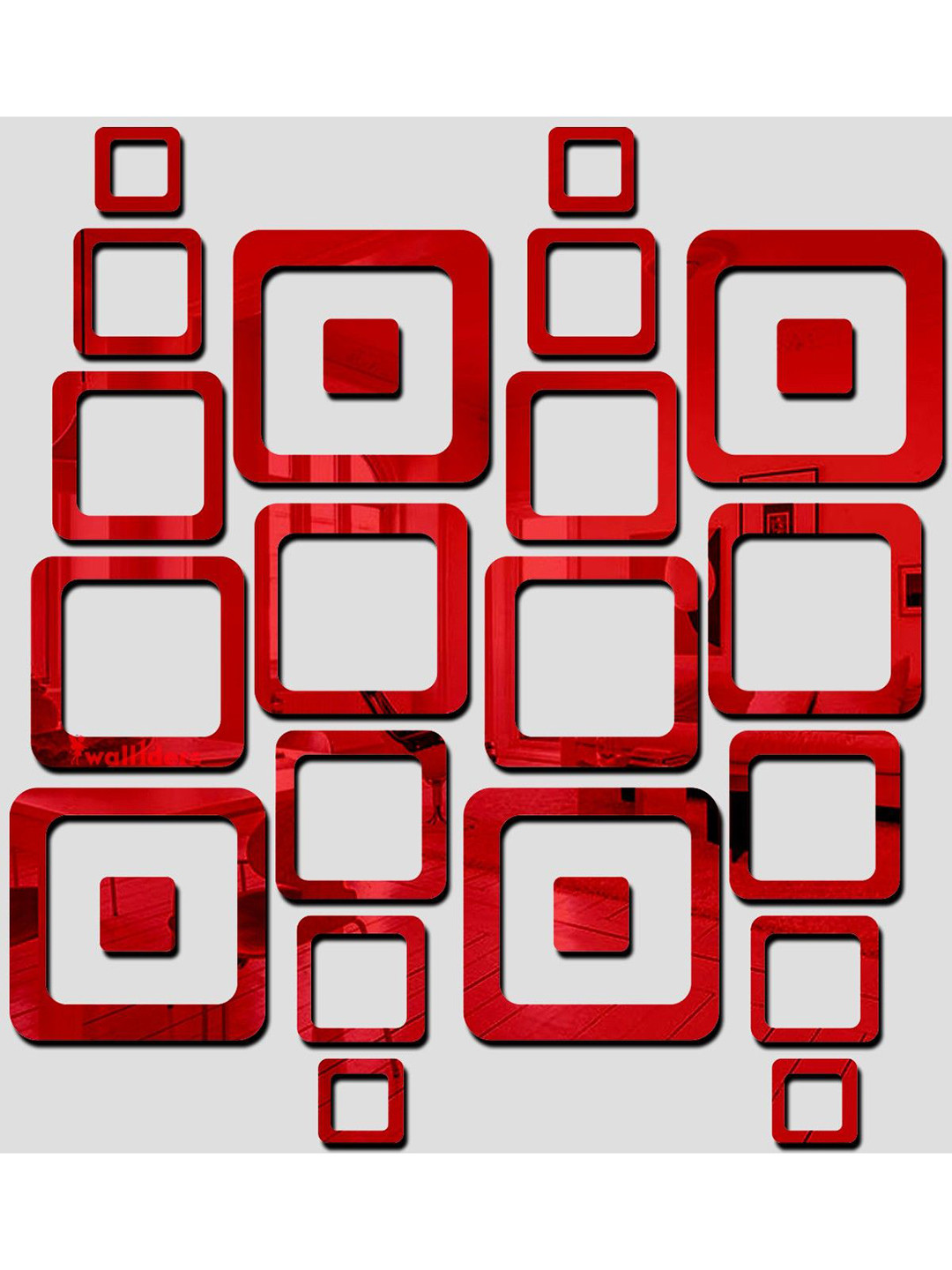 Wall1ders Red 24 Pieces Square-Shaped 3D Acrylic Mirror Wall Stickers