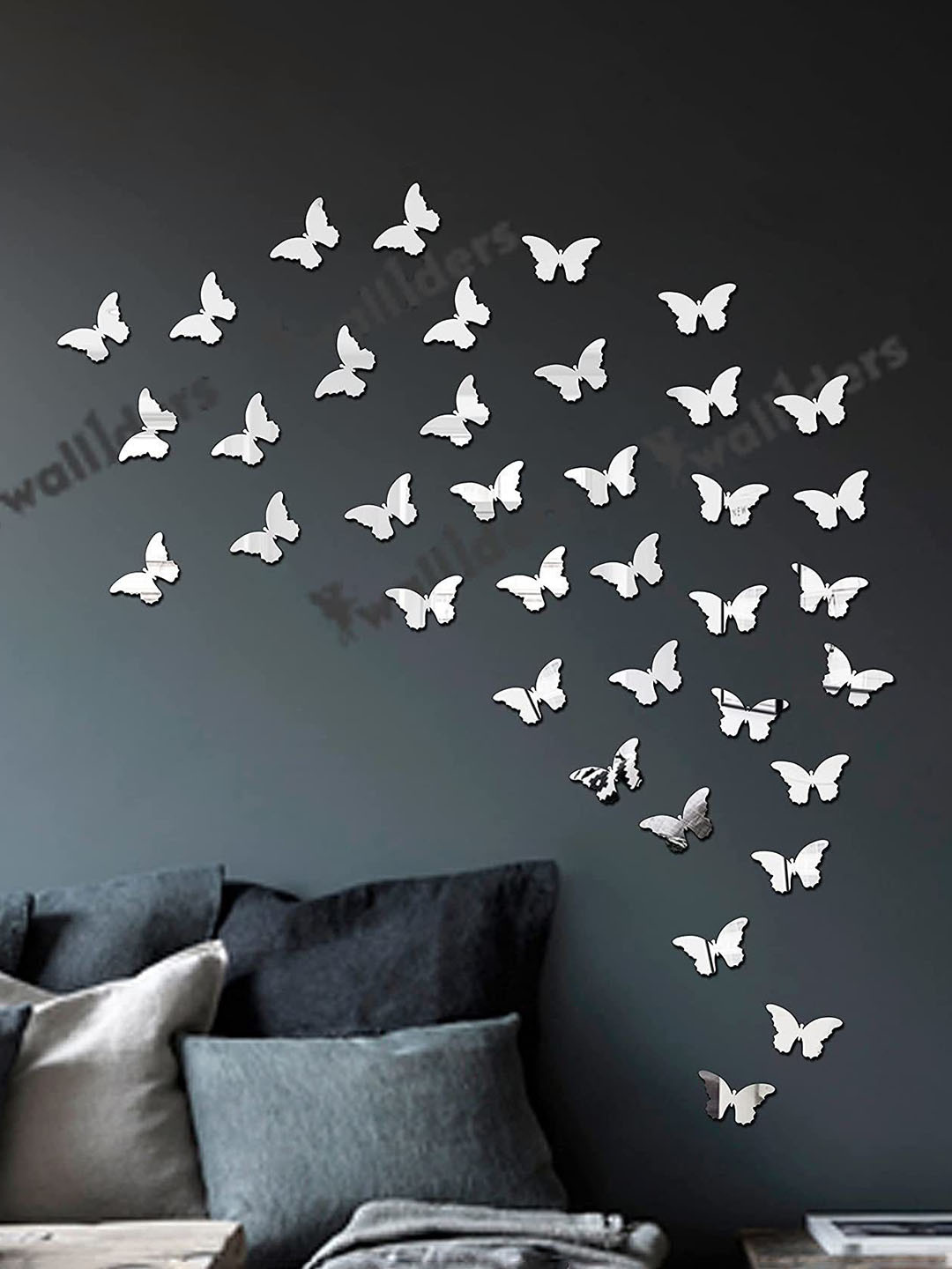 Wall1ders Silver Toned 40 Pieces Cut Butterfly 3D Acrylic Mirror Wall Stickers