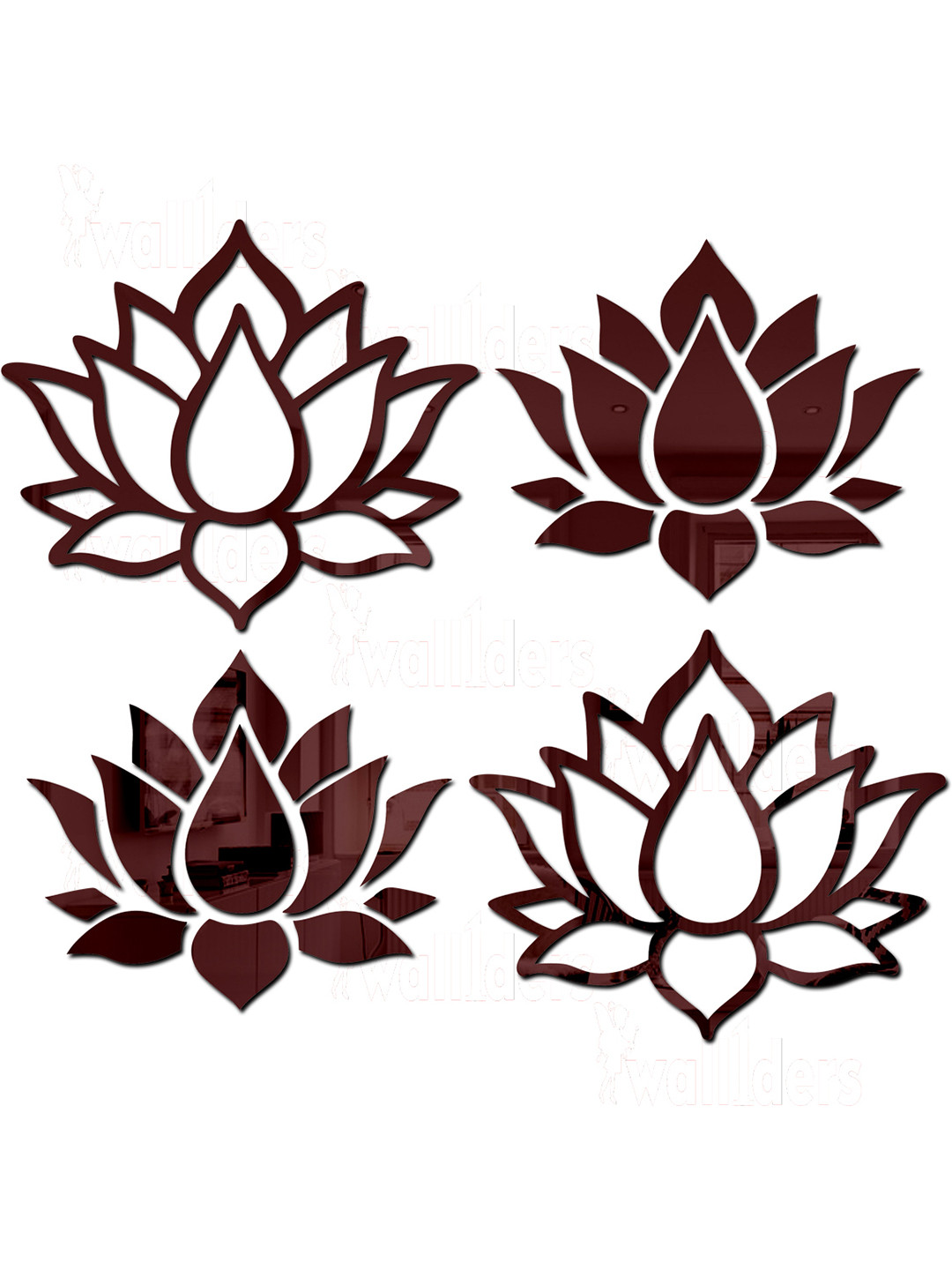 Wall1ders Brown 4 Pieces Lotus Flowers 3D Acrylic Mirror Wall Stickers