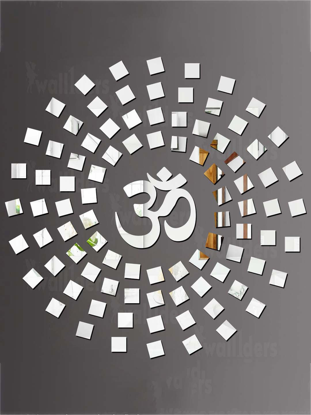 Wall1ders Silver Toned 101 Pieces Grey Om With Square 3D Mirror Wall Stickers