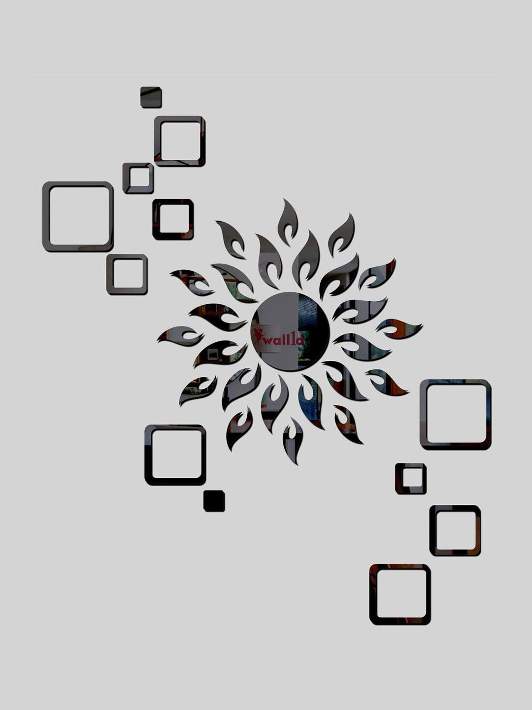 Wall1ders Black 13 Pieces Sun & Square 3D Acrylic Mirror Wall Stickers
