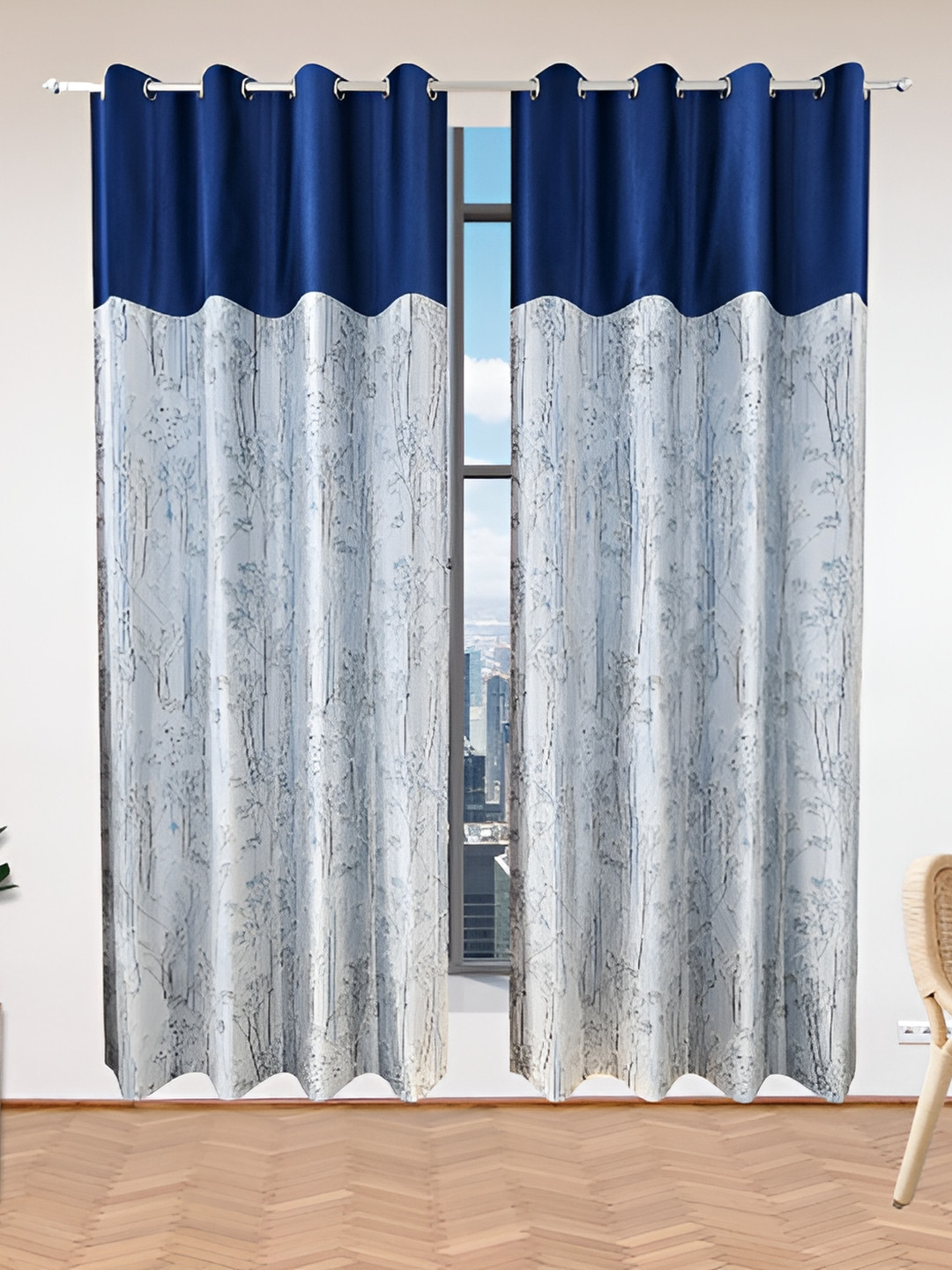 Stella Creations Blue 3 Pieces Floral Room Darkening Door Curtains