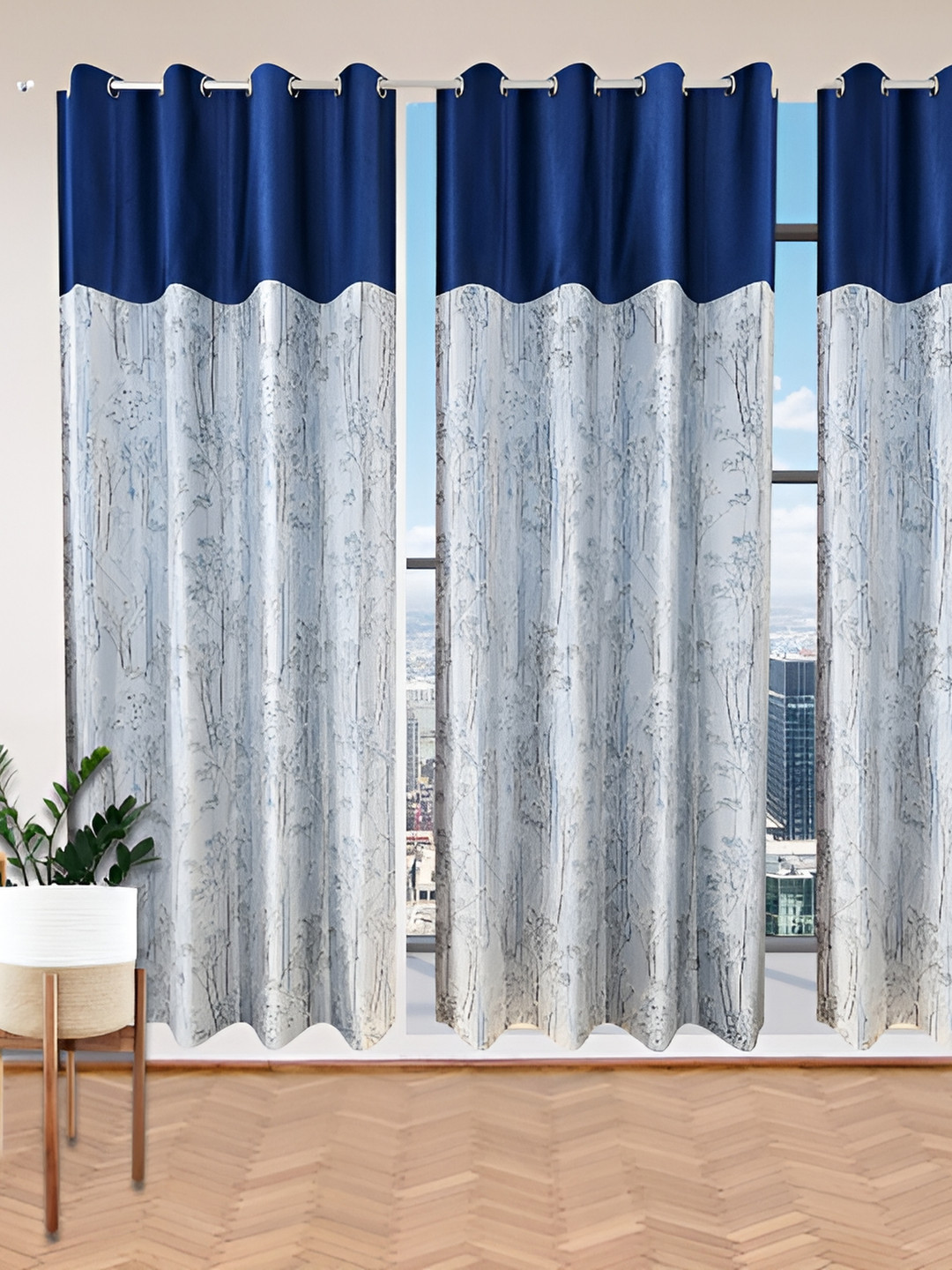 Stella Creations Blue 3 Pieces Floral Room Darkening Door Curtains