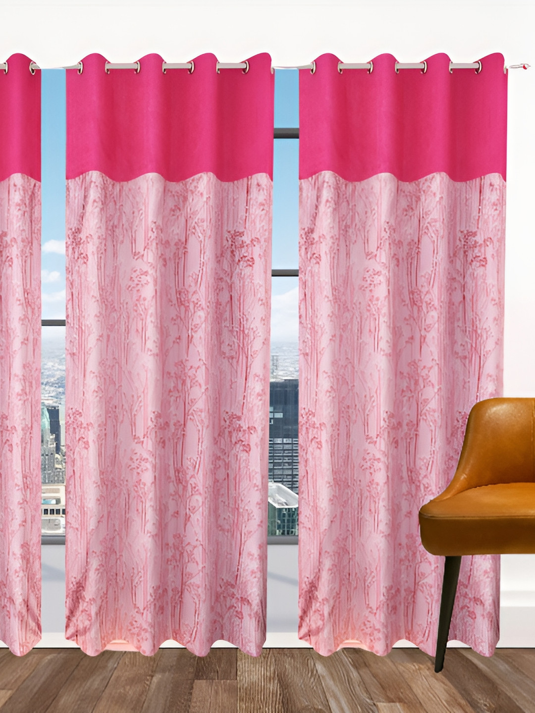 Stella Creations Pink 3 Pieces Floral Room Darkening Door Curtains