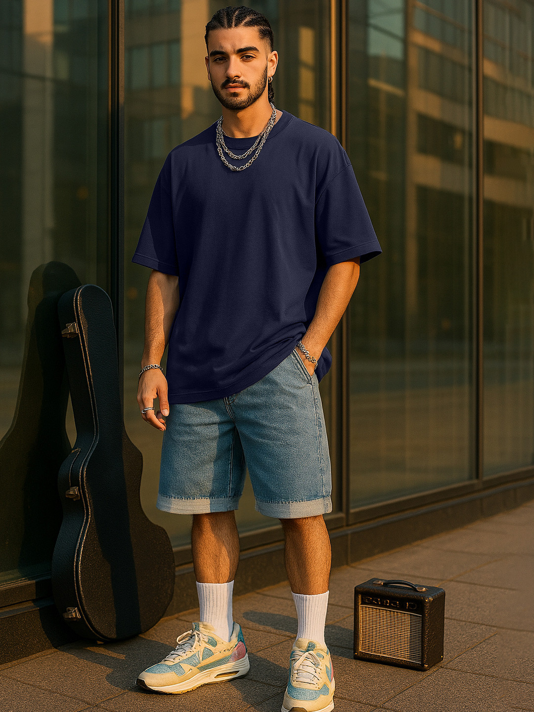 VEIRDO Navy Blue Drop-Shoulder Sleeves Pure Cotton Oversized T-shirt