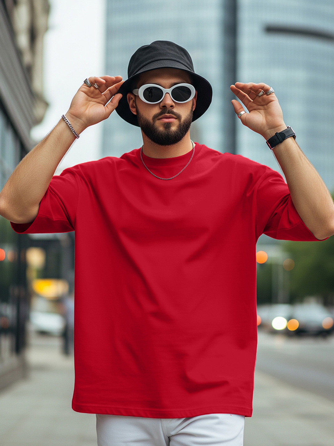 VEIRDO Red Drop-Shoulder Sleeves Pure Cotton Oversized T-shirt