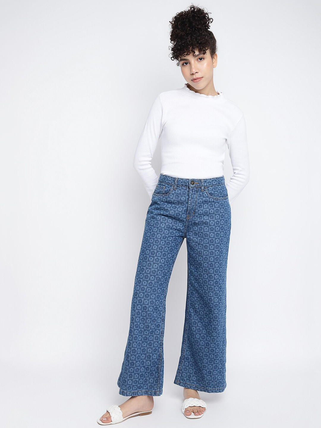 TALES & STORIES Women Printed Wide Leg High-Rise Clean Look Denim Jeans