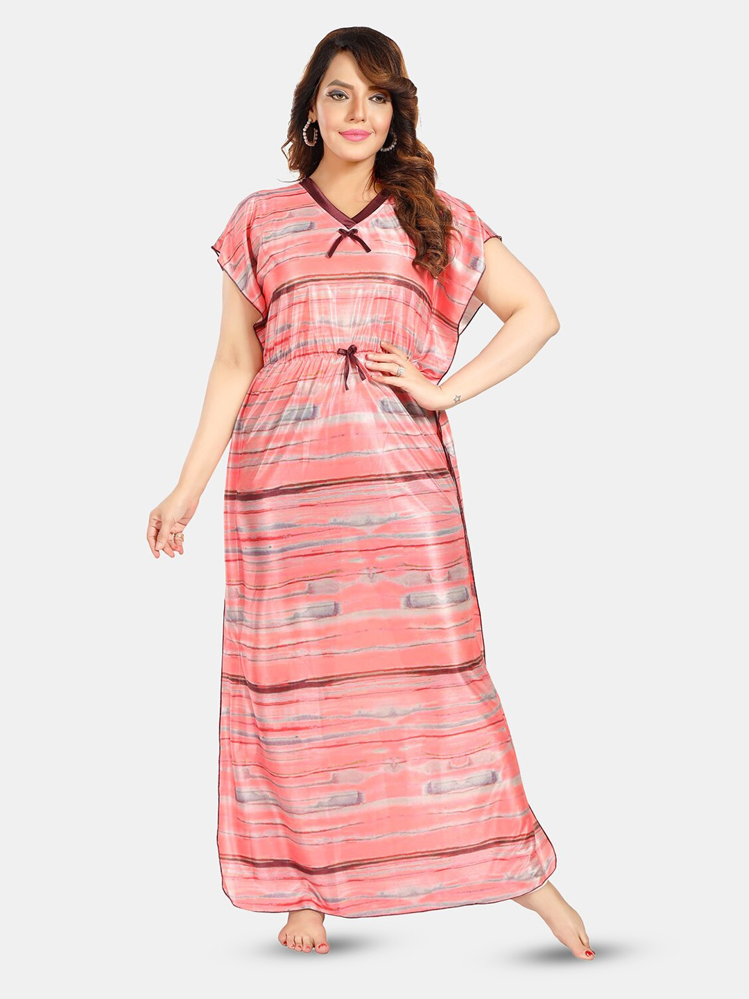 Fabme Striped Satin Maxi Kaftan Nightdress