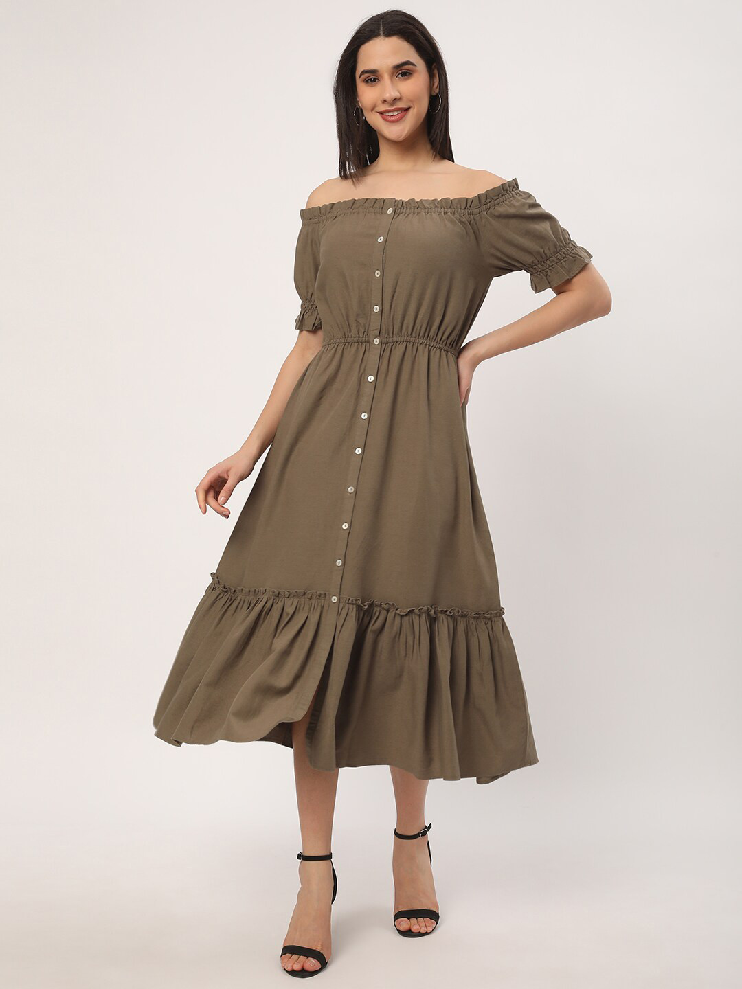 R&B Puff Sleeves Off-Shoulder A-Line Dress
