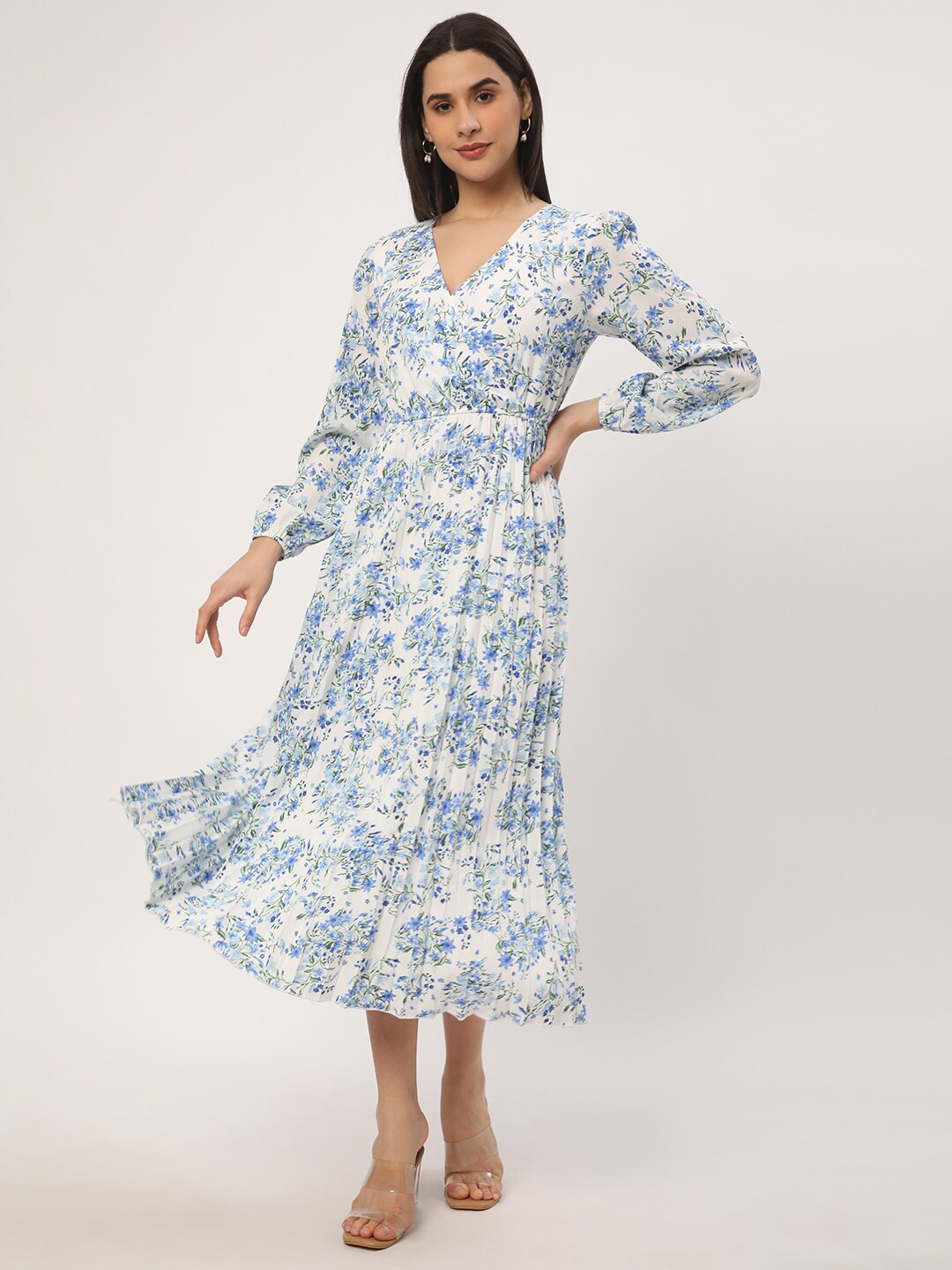 R&B Floral Print Accordion Pleats Fit & Flare Dress