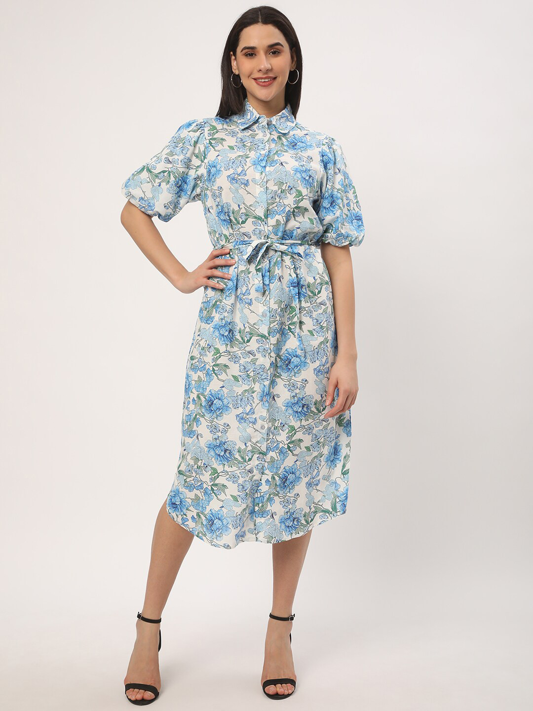 R&B Floral Print Puff Sleeve Linen Shirt Midi Dress