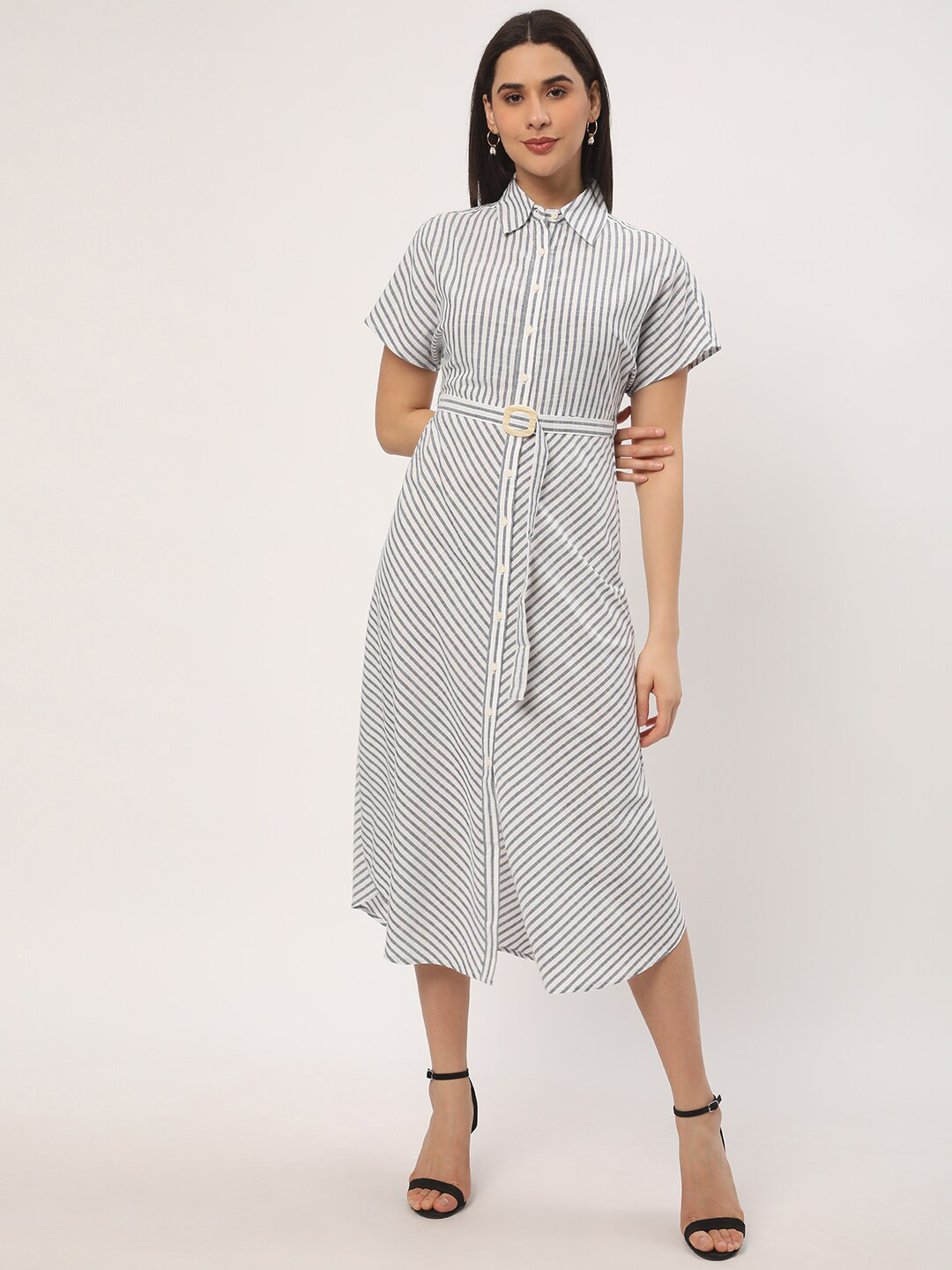 R&B Striped Linen Midi Shirt Dress