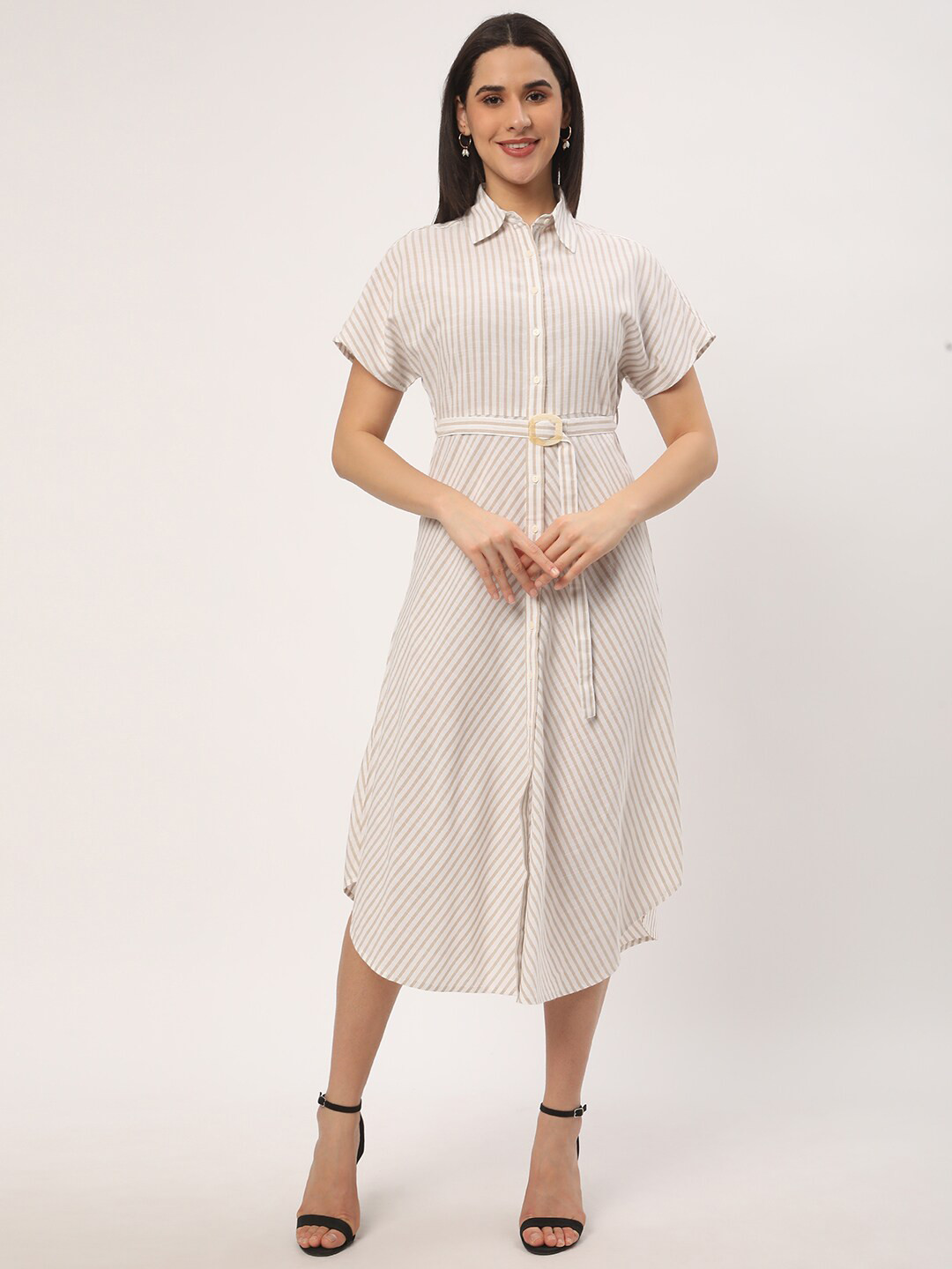 R&B Striped Linen Midi Shirt Dress