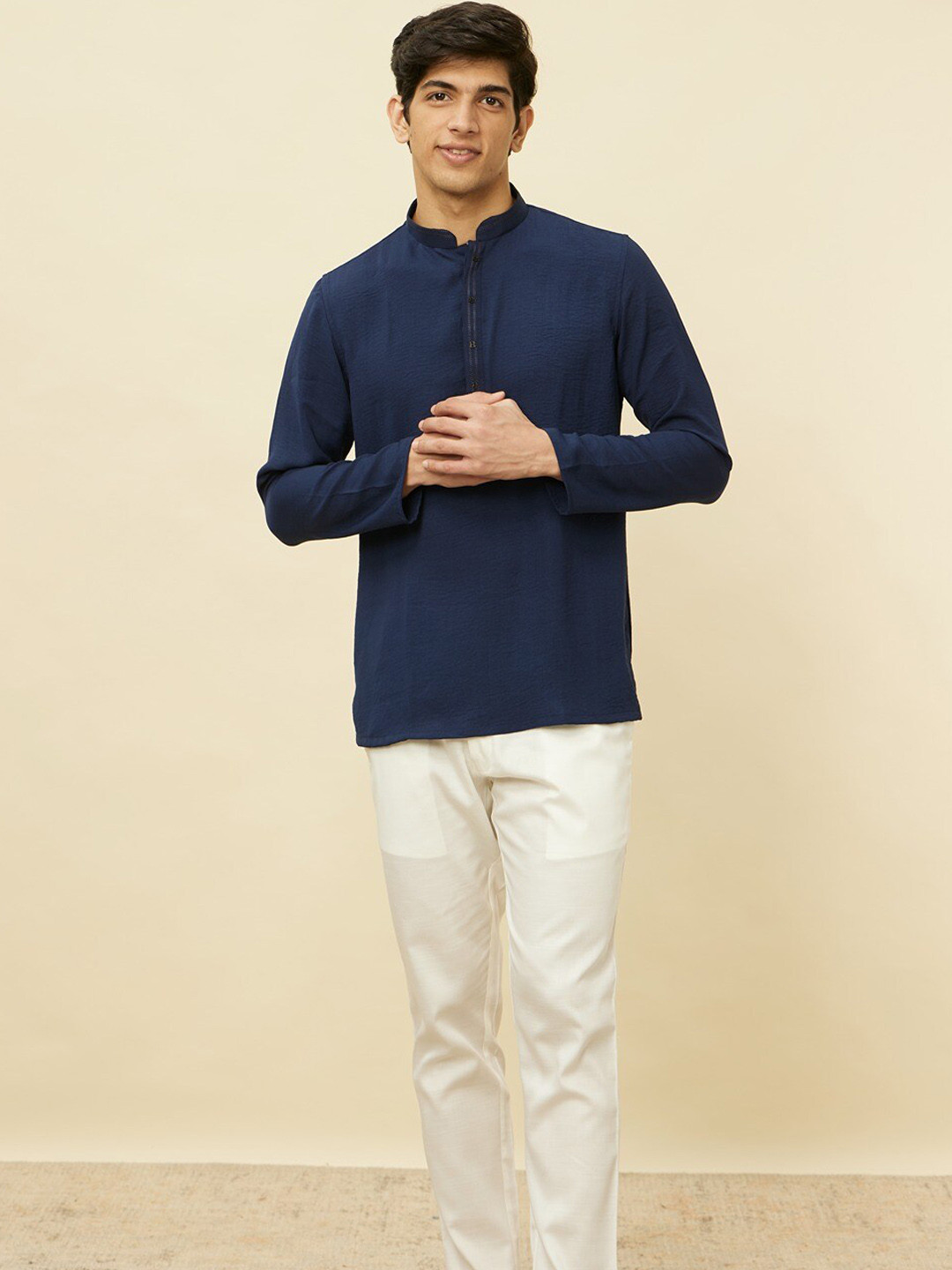 Manyavar Mandarin Collar Cold-Shoulder Sleeves Thread Work Art Silk Short Kurta