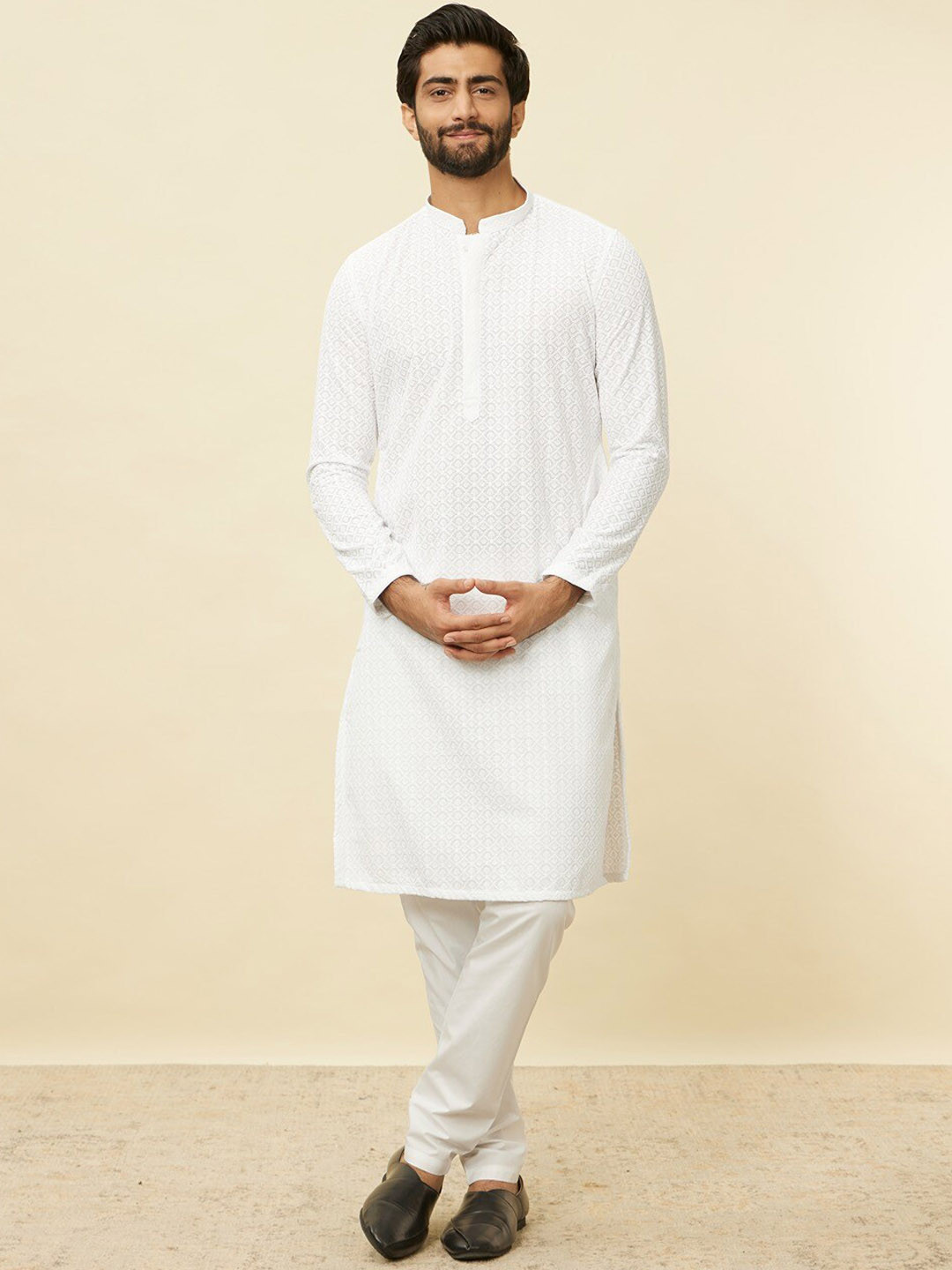 Manyavar Geometric Embroidered Regular Thread Work Art Silk Kurta With Pyjamas