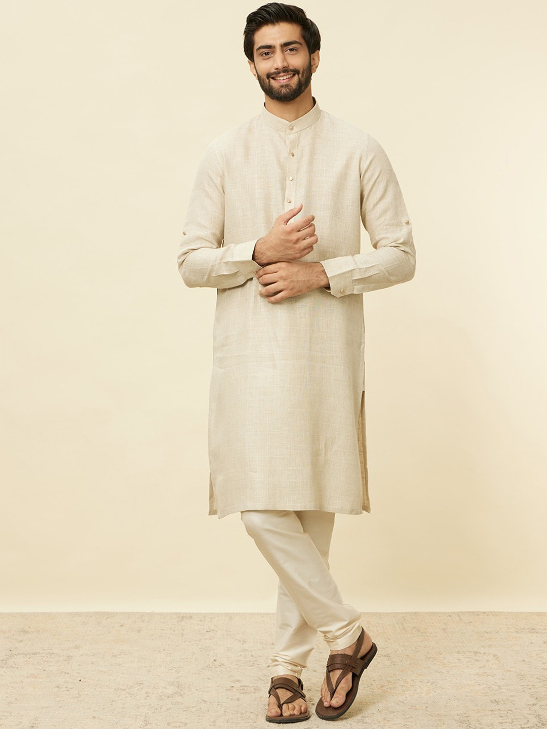 Manyavar Men Striped Linen Long Kurta