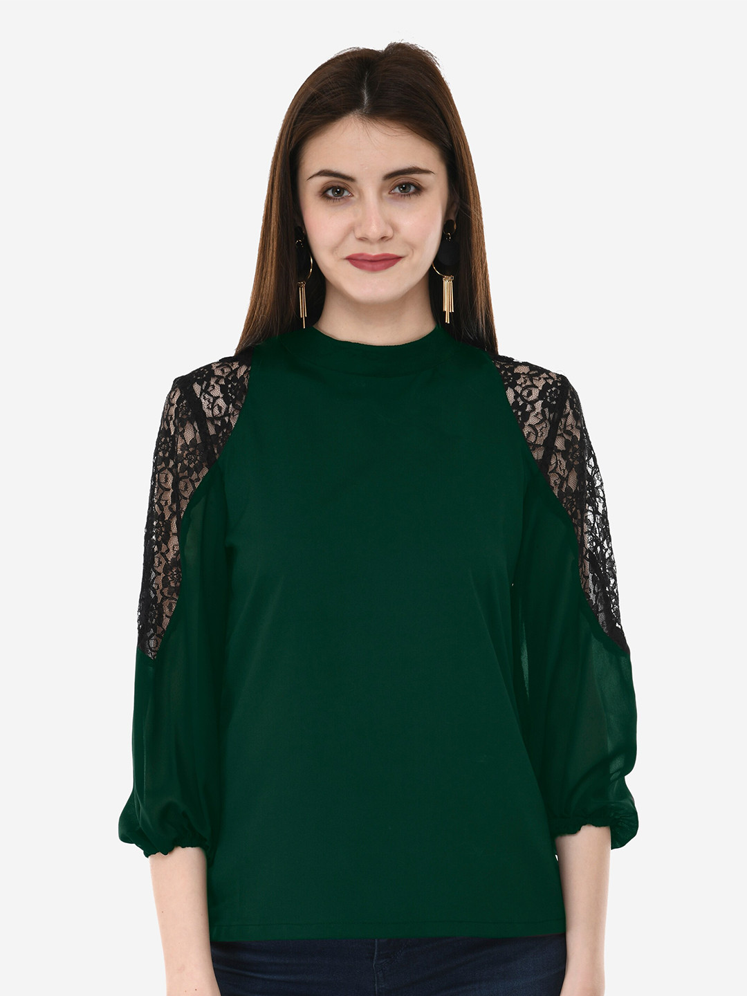 V&M High Neck Puffed Sleeves Lace Inserts Crepe Top