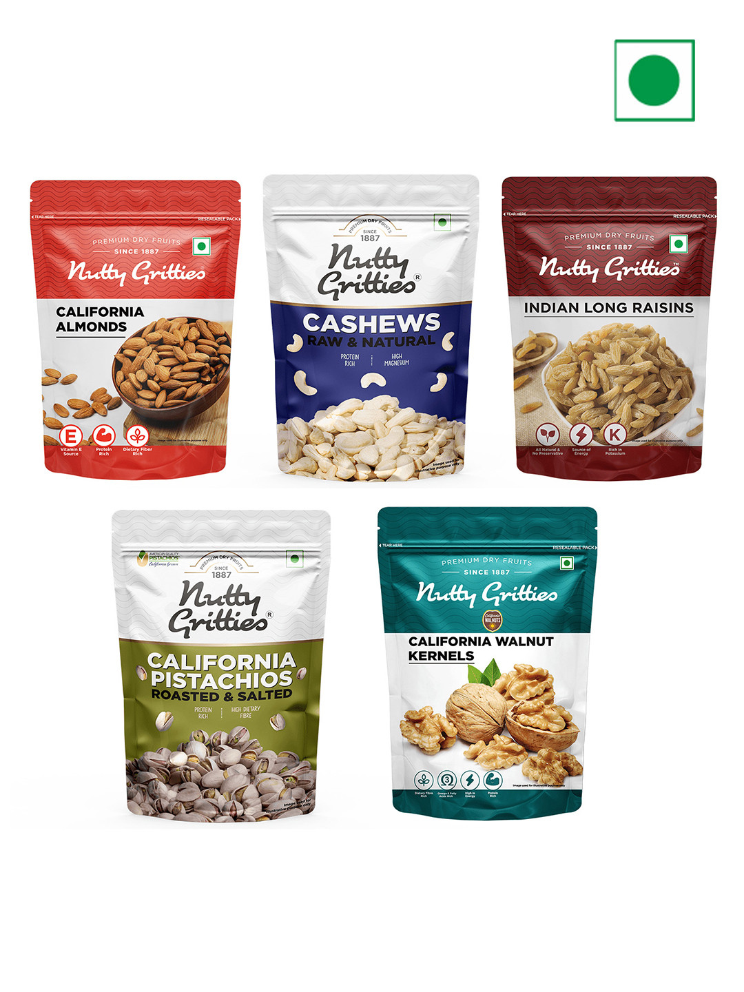 Nutty Gritties Pack Of 5 Mixed Daily Needs Nuts Dry Fruits - 1Kg
