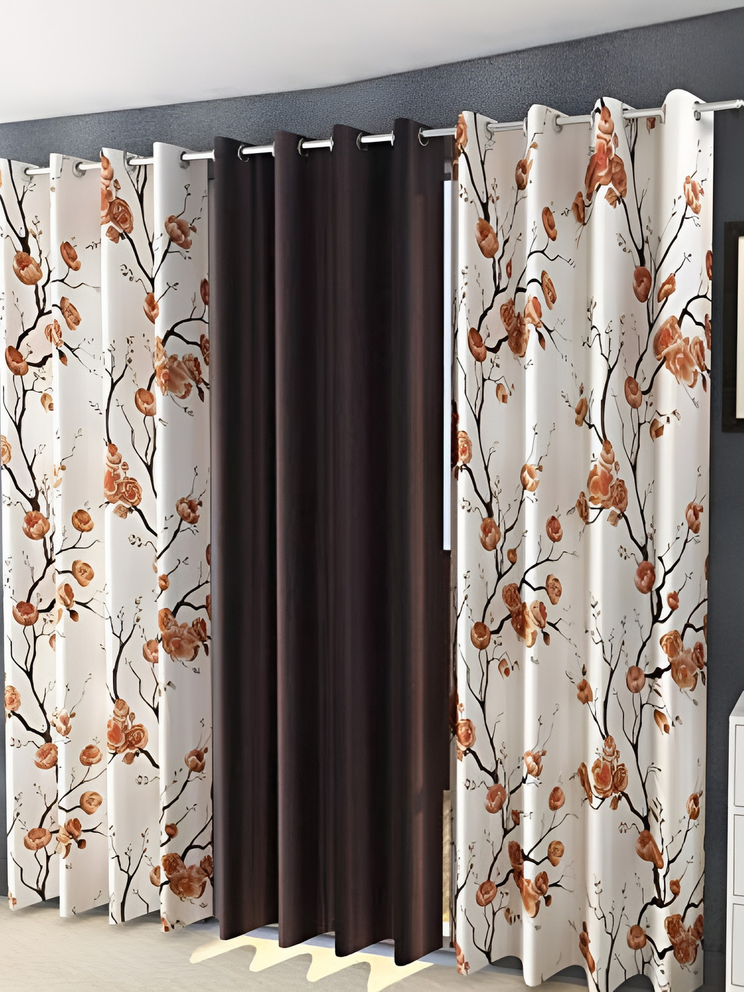 Shopgallery Coffee Brown & White 3 Pieces Floral Room Darkening Window Curtains