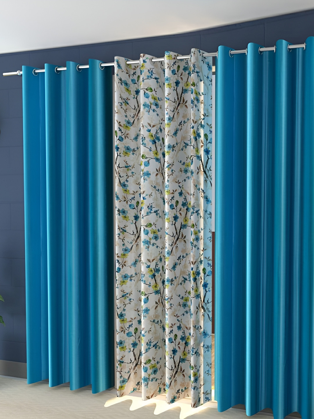 Shopgallery Teal Blue & White 3 Pieces Floral Room Darkening Window Curtains