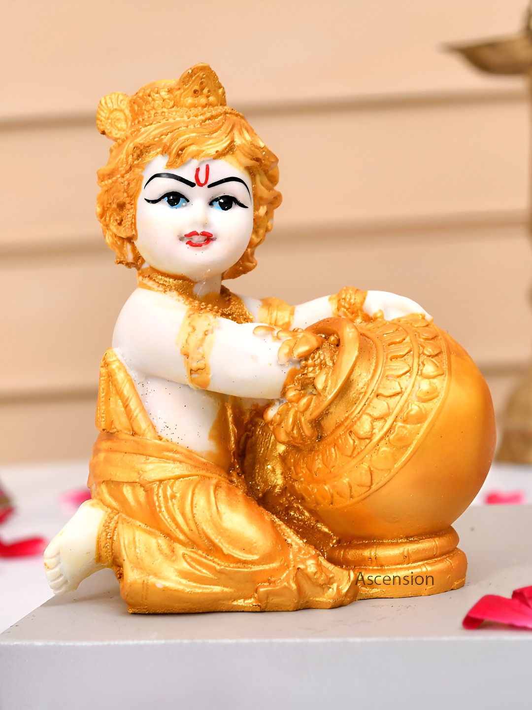 Ascension Bal Gopal Makhan Chor Matki Krishna Gold Polyresin Natural Prayer Room Small Showpiece - 5.5 Inches
