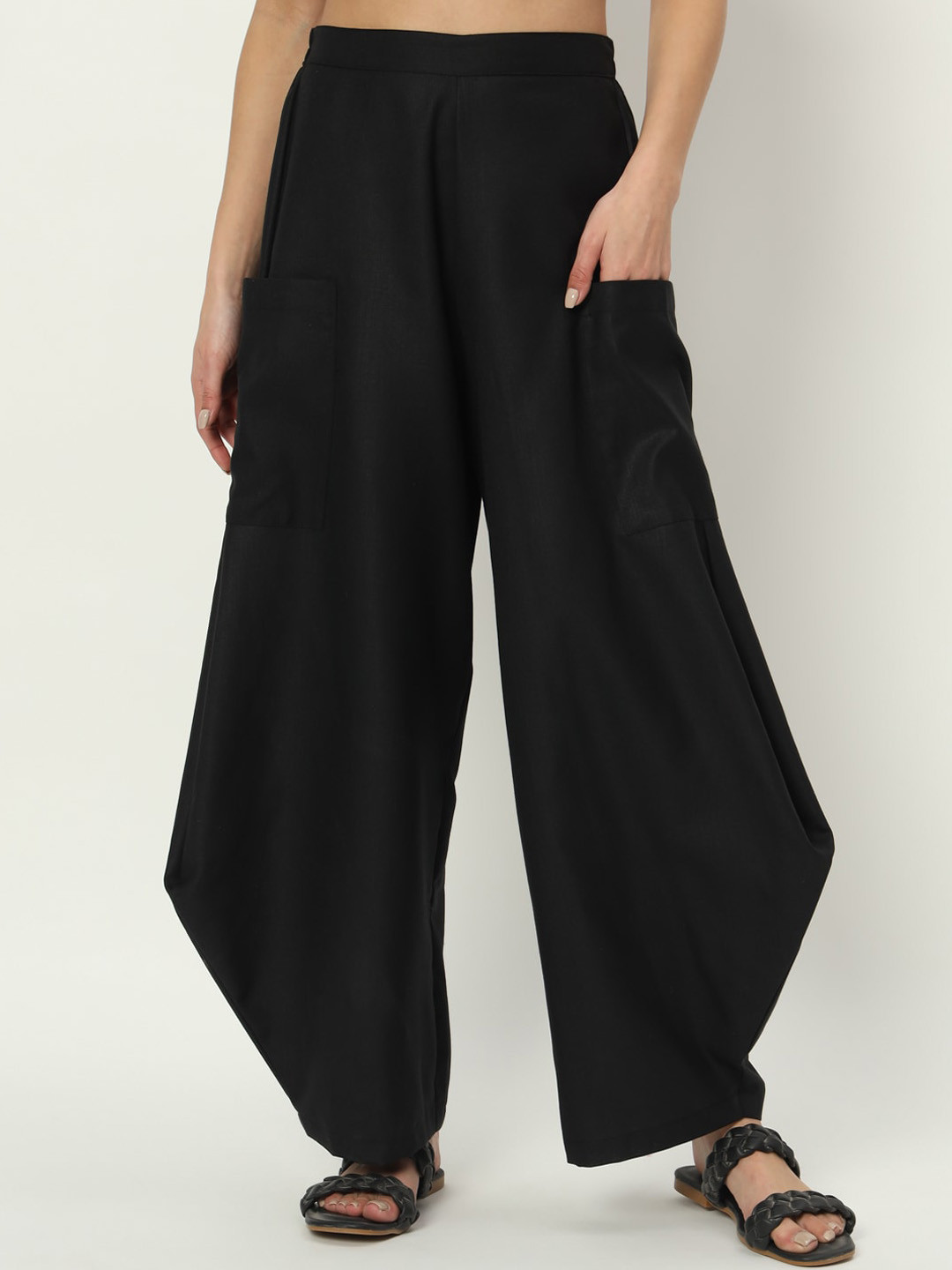 9rasa Women Relaxed Loose Fit High-Rise Cotton Trousers