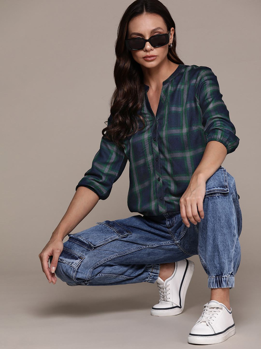 Roadster Checked Mandarin Collar Puff Sleeves Shirt Style Top