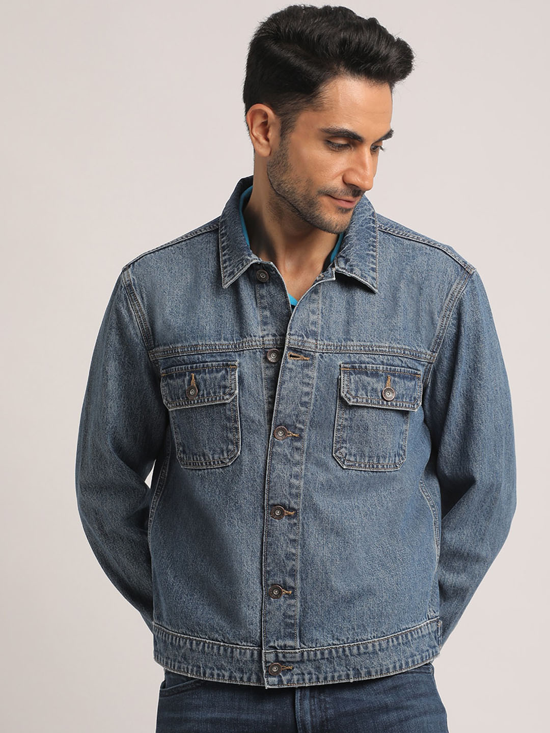 EVERBLUE Men Classic Mid Blue Cotton Stretch Denim Jacket