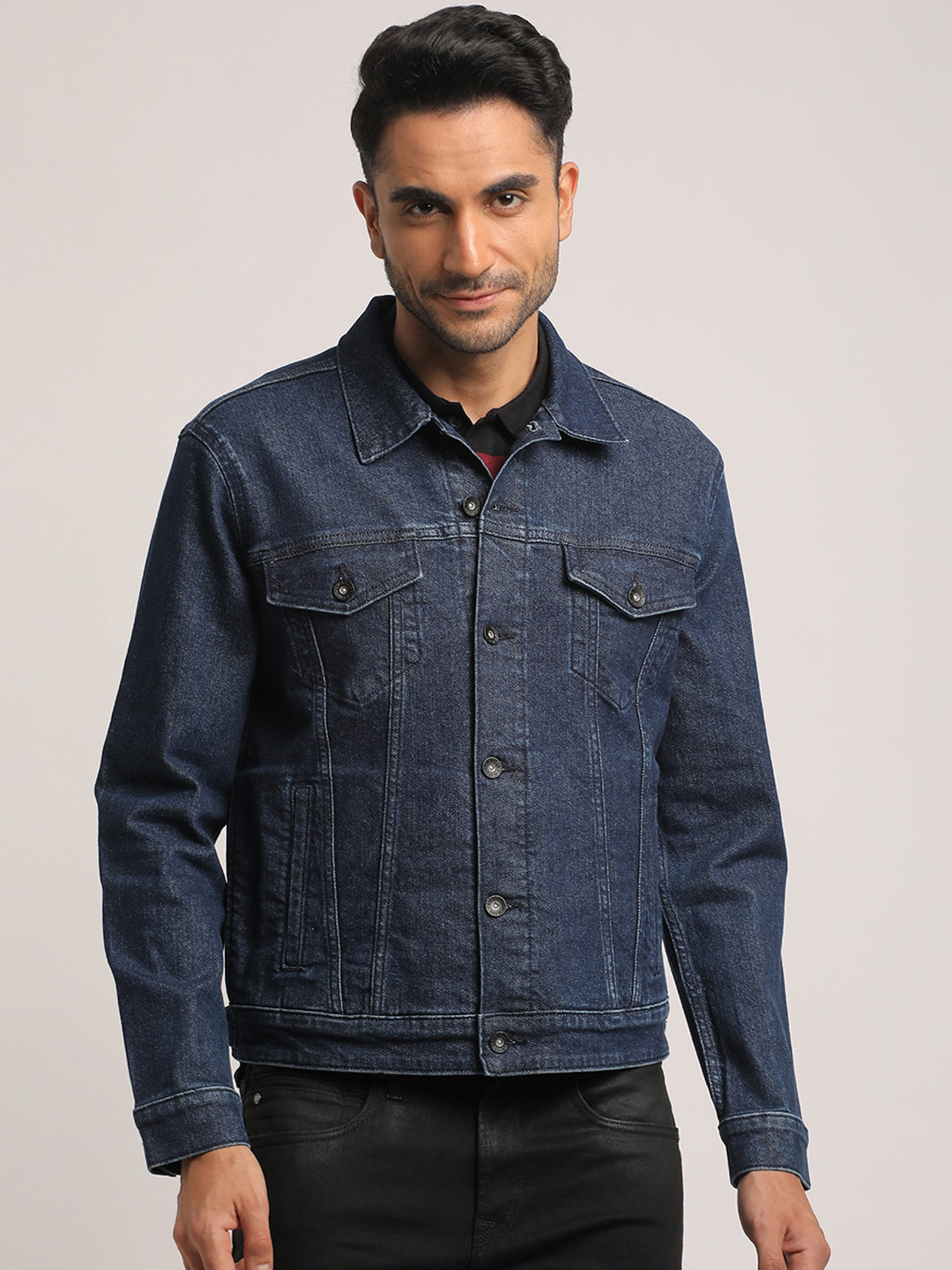 EVERBLUE Men Classic Dark Blue Cotton Stretch Denim Jacket