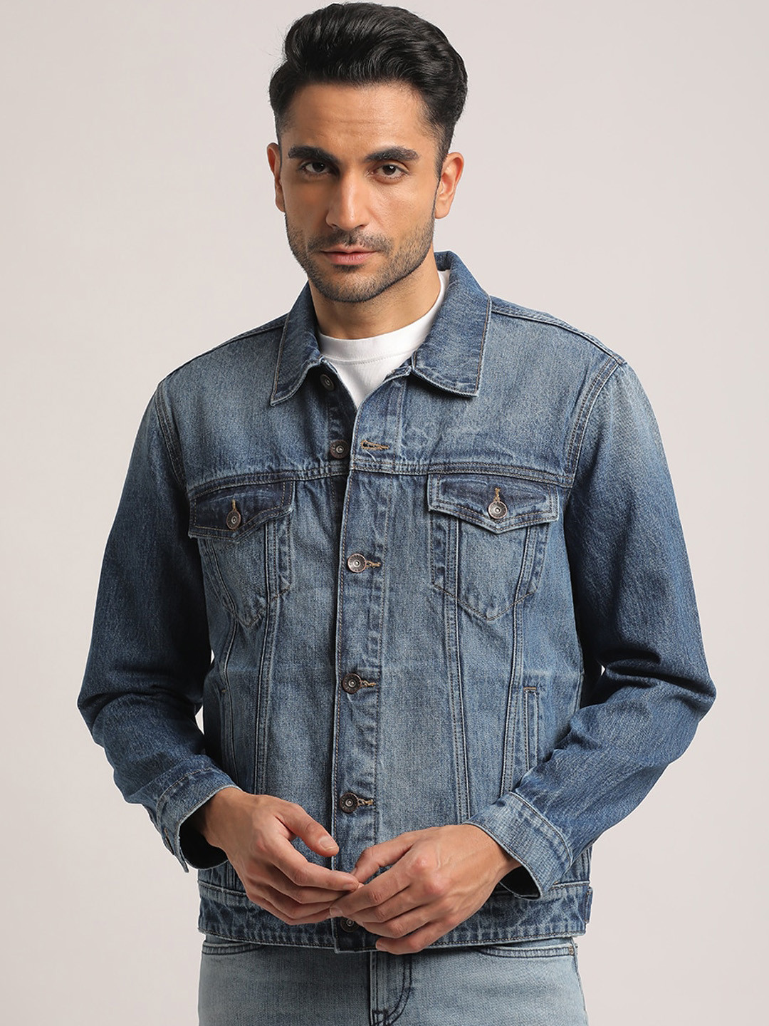 EVERBLUE Men Classic Mid Blue Cotton Stretch Denim Jacket