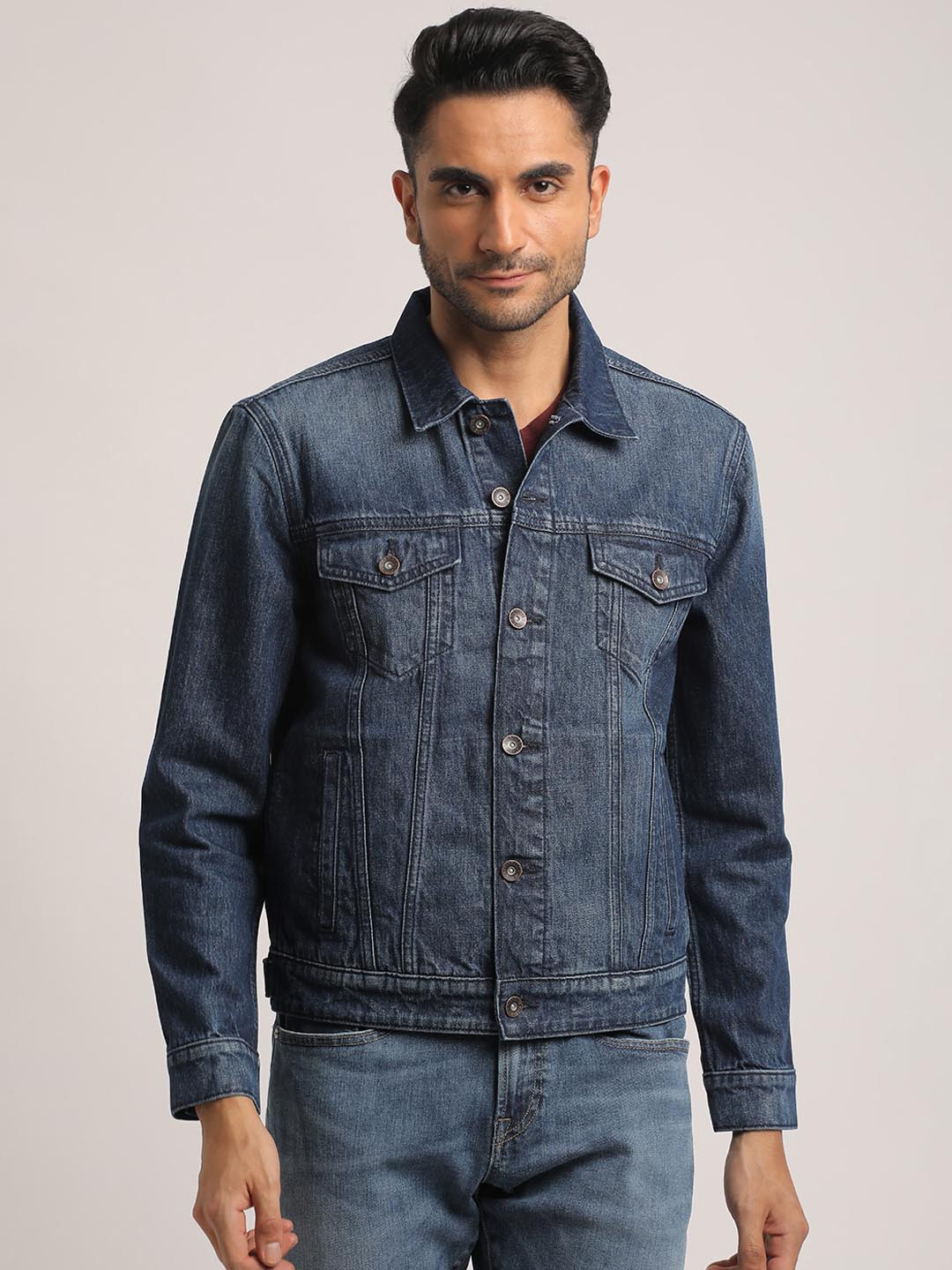 EVERBLUE Men Classic Dark Blue Cotton Stretch Denim Jacket