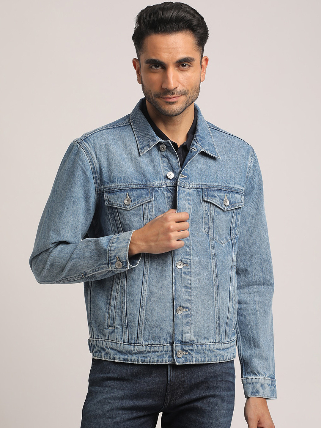 EVERBLUE Men Classic Light Blue Cotton Stretch Denim Jacket